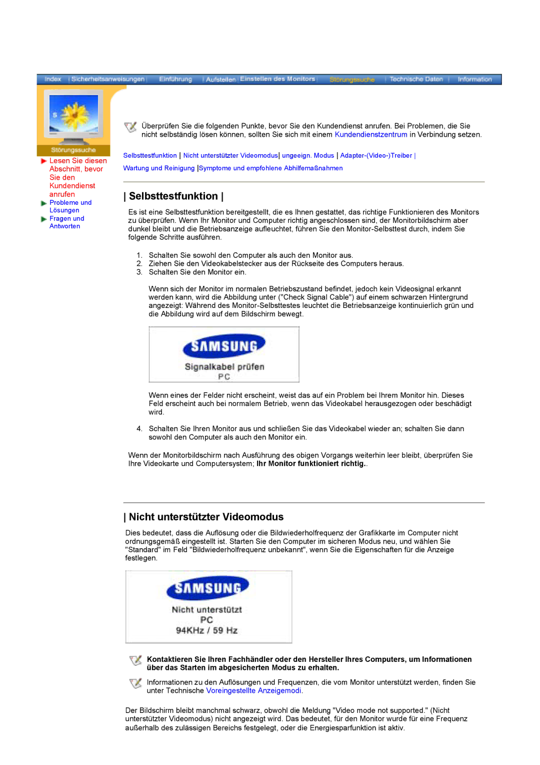 Samsung KD17ASSS/EDC manual Selbsttestfunktion, Nicht unterstützter Videomodus 