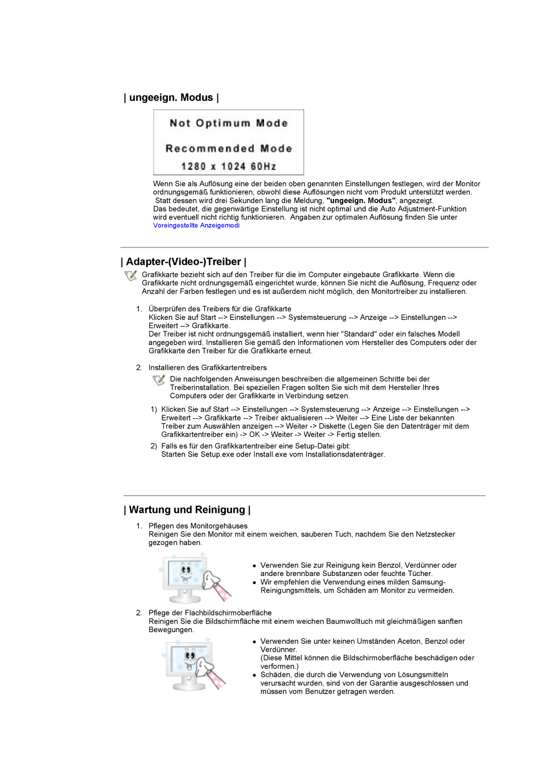 Samsung KD17ASSS/EDC manual Ungeeign. Modus, Adapter-Video-Treiber, Wartung und Reinigung 