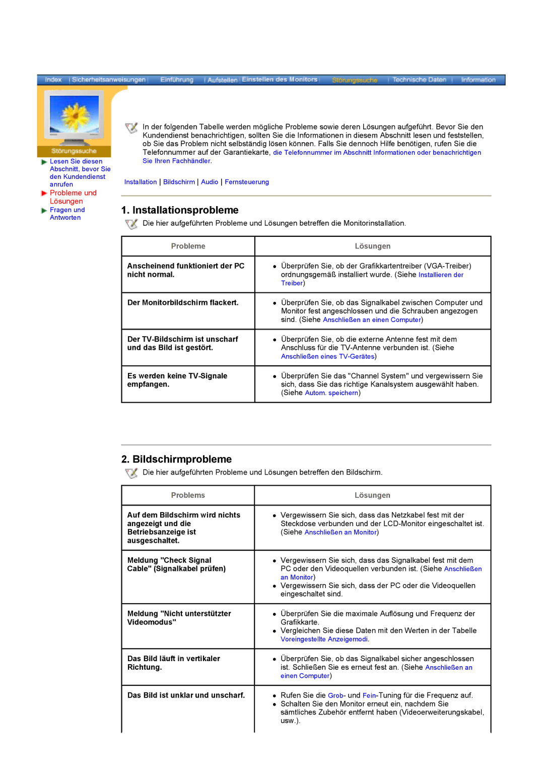 Samsung KD17ASSS/EDC manual Installationsprobleme, Bildschirmprobleme 