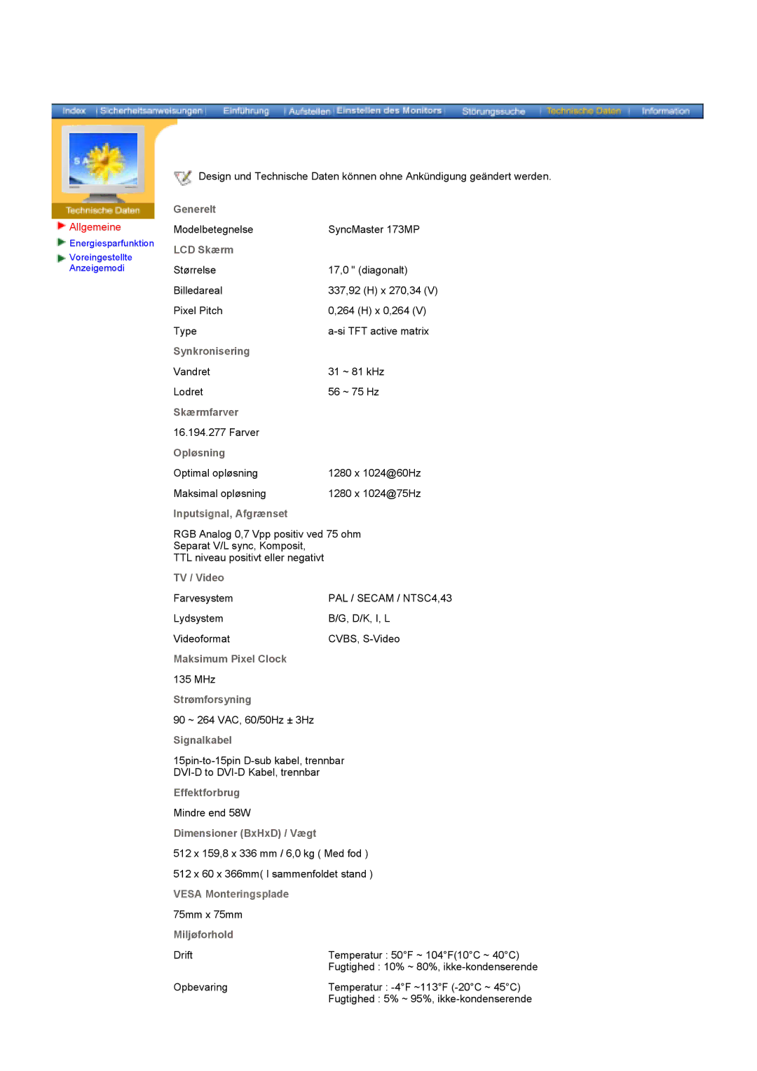 Samsung KD17ASSS/EDC manual Allgemeine, LCD Skærm 