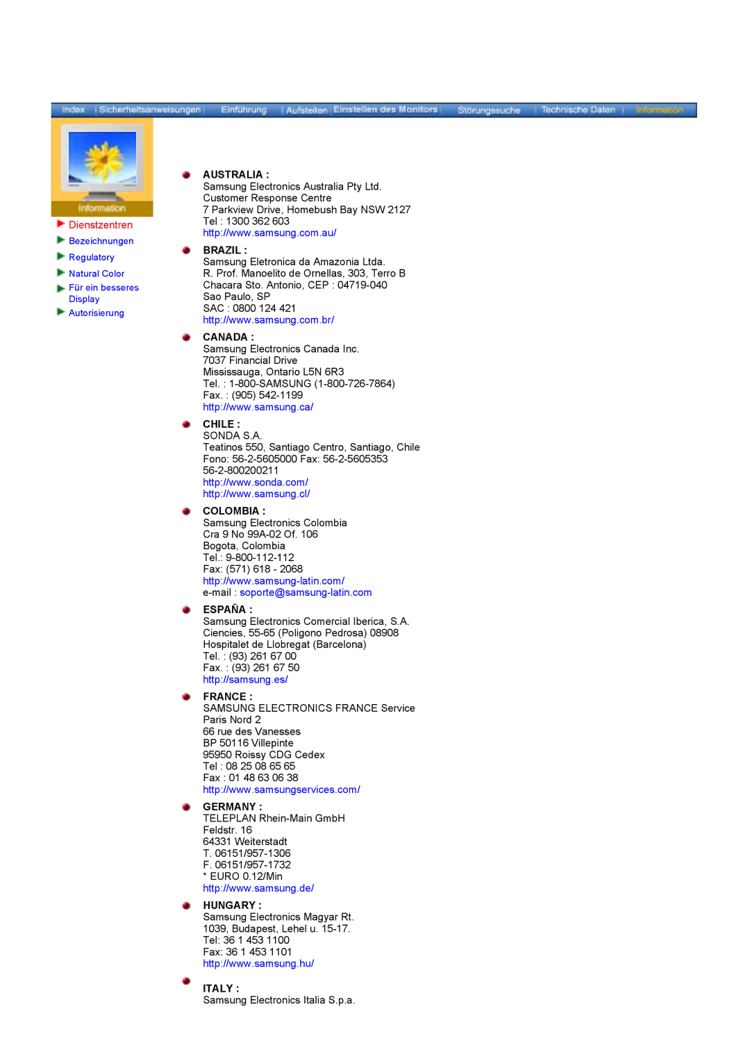 Samsung KD17ASSS/EDC manual Dienstzentren, Australia Brazil 