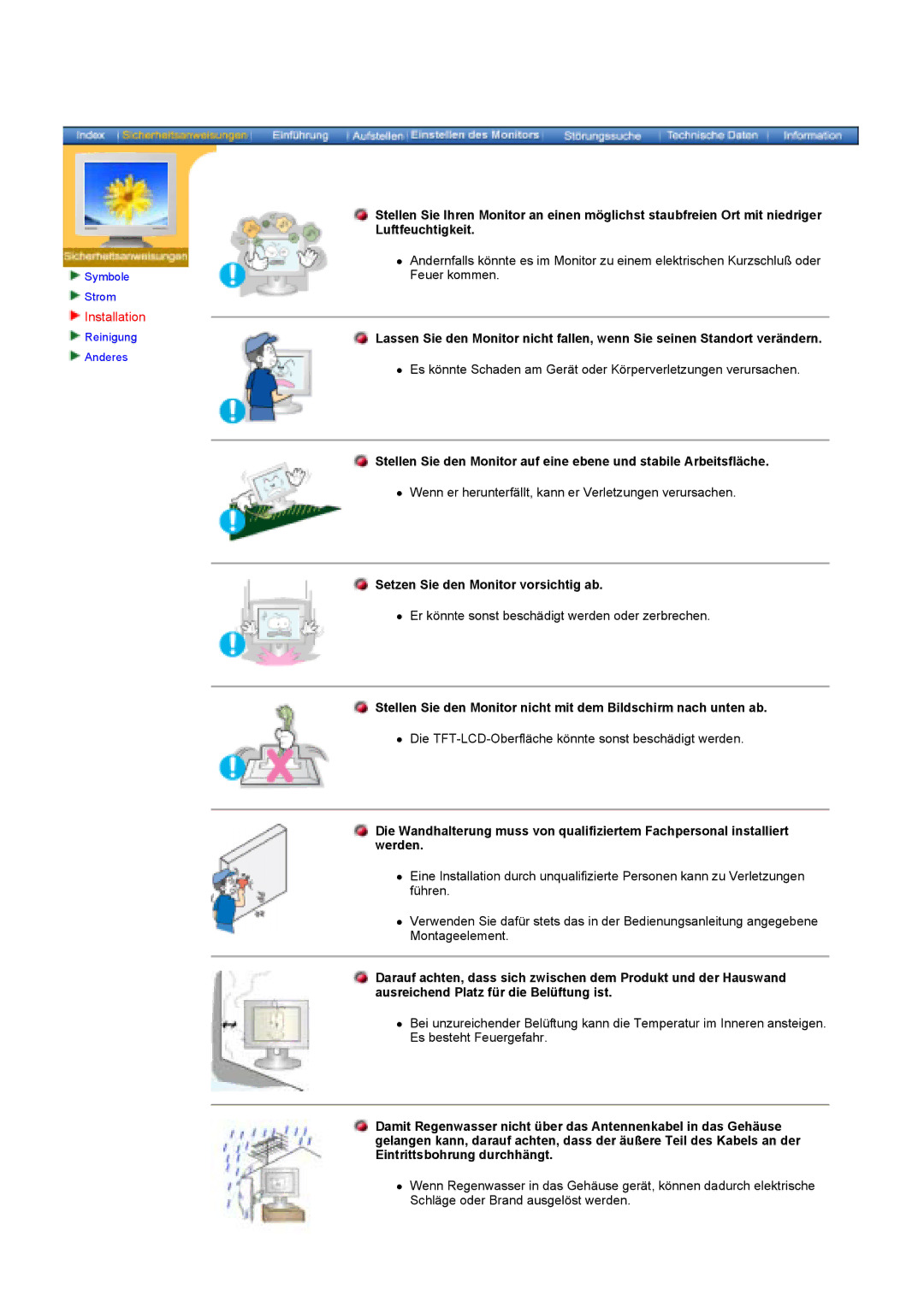 Samsung KD17ASSS/EDC manual Installation, Setzen Sie den Monitor vorsichtig ab 