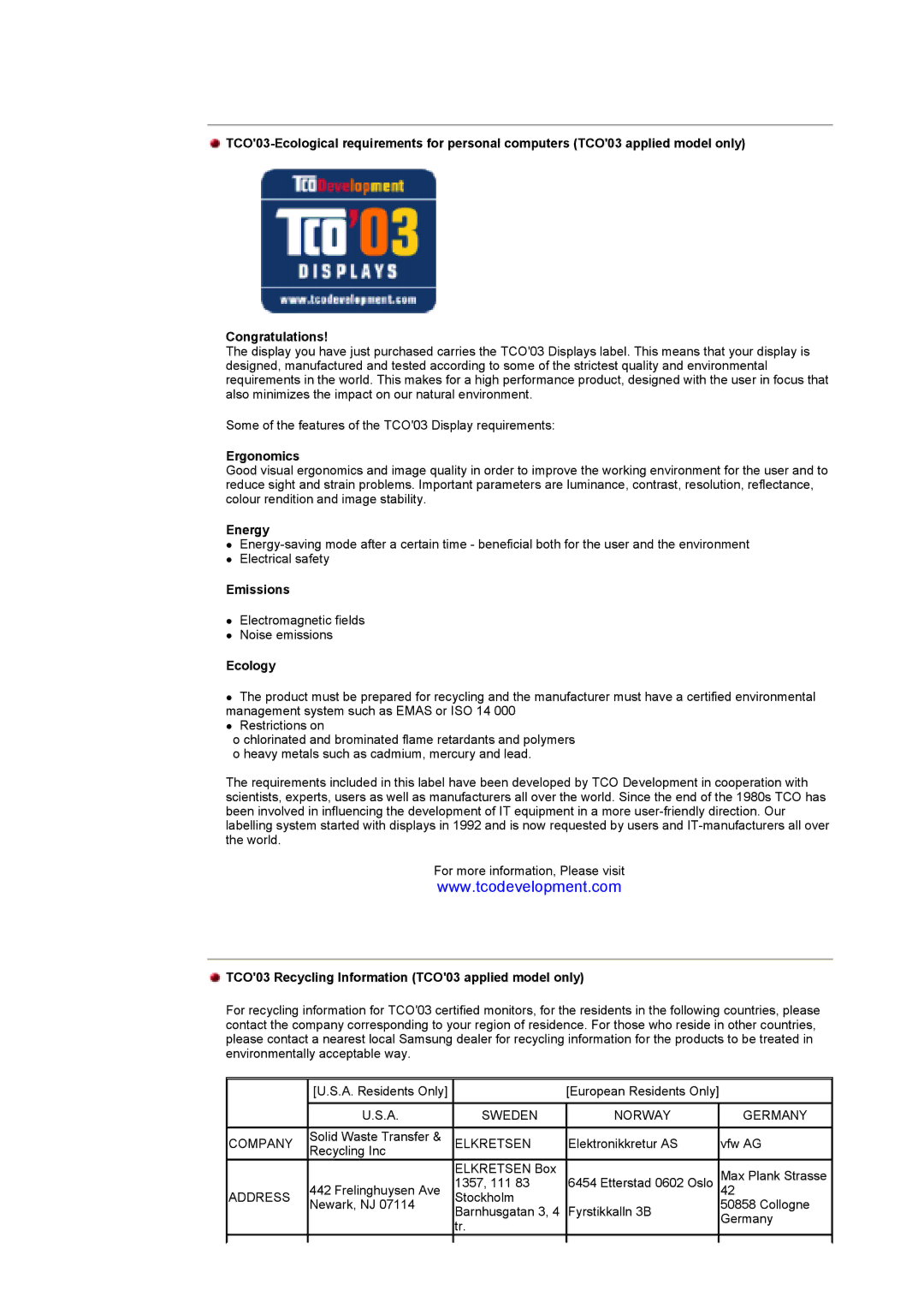 Samsung KD17ASSS/EDC manual Ergonomics, Energy, Emissions, Ecology, TCO03 Recycling Information TCO03 applied model only 