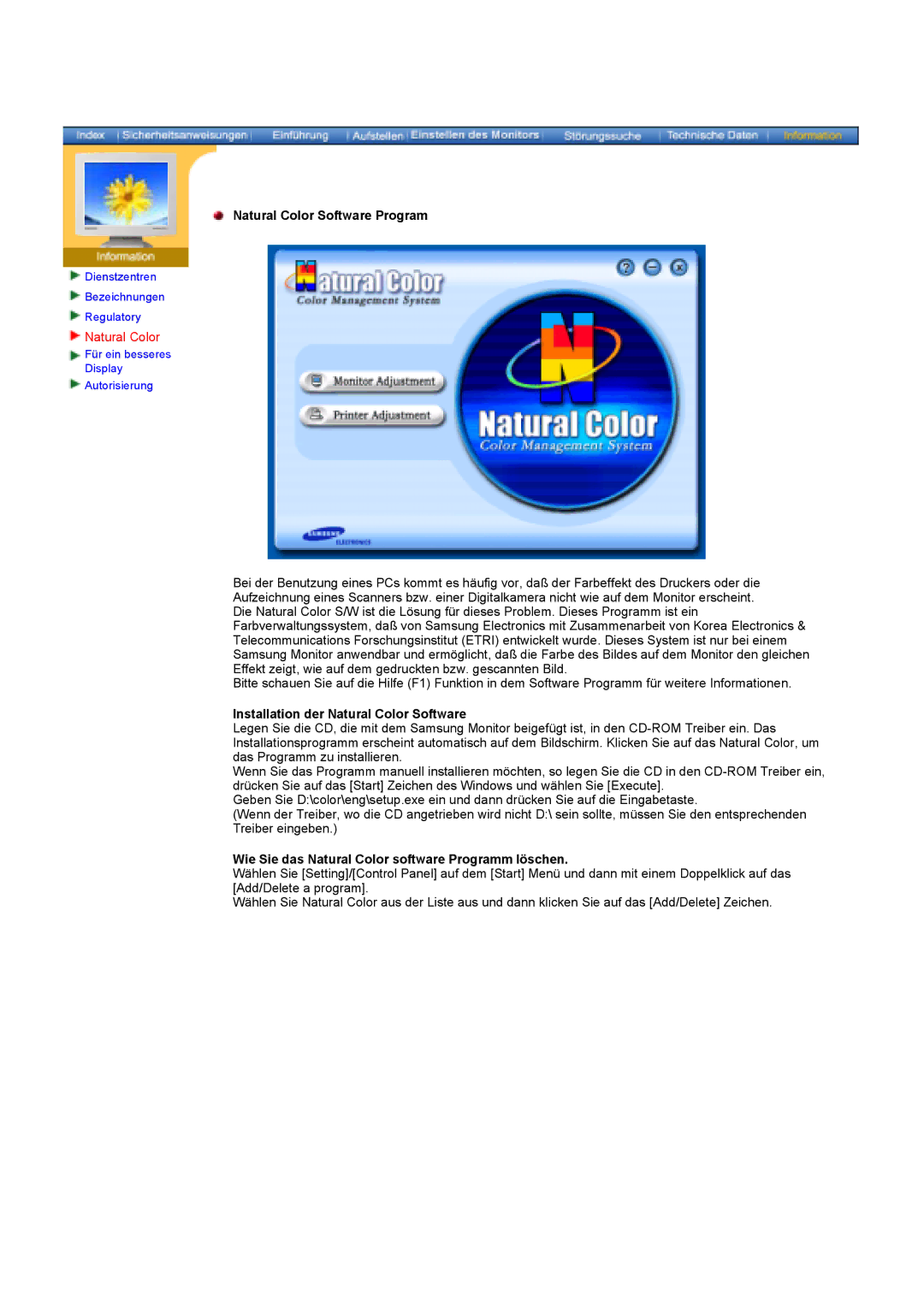 Samsung KD17ASSS/EDC manual Natural Color Software Program, Installation der Natural Color Software 
