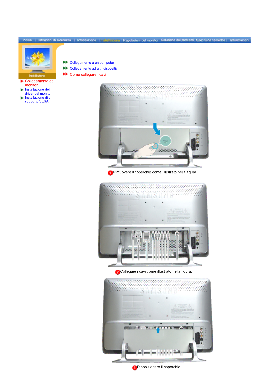 Samsung KD17ASSS/EDC manual Come collegare i cavi Collegamento del monitor 