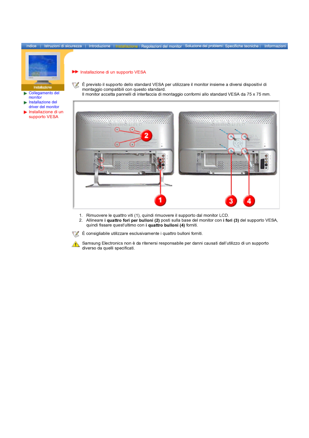 Samsung KD17ASSS/EDC manual Installazione di un supporto Vesa 