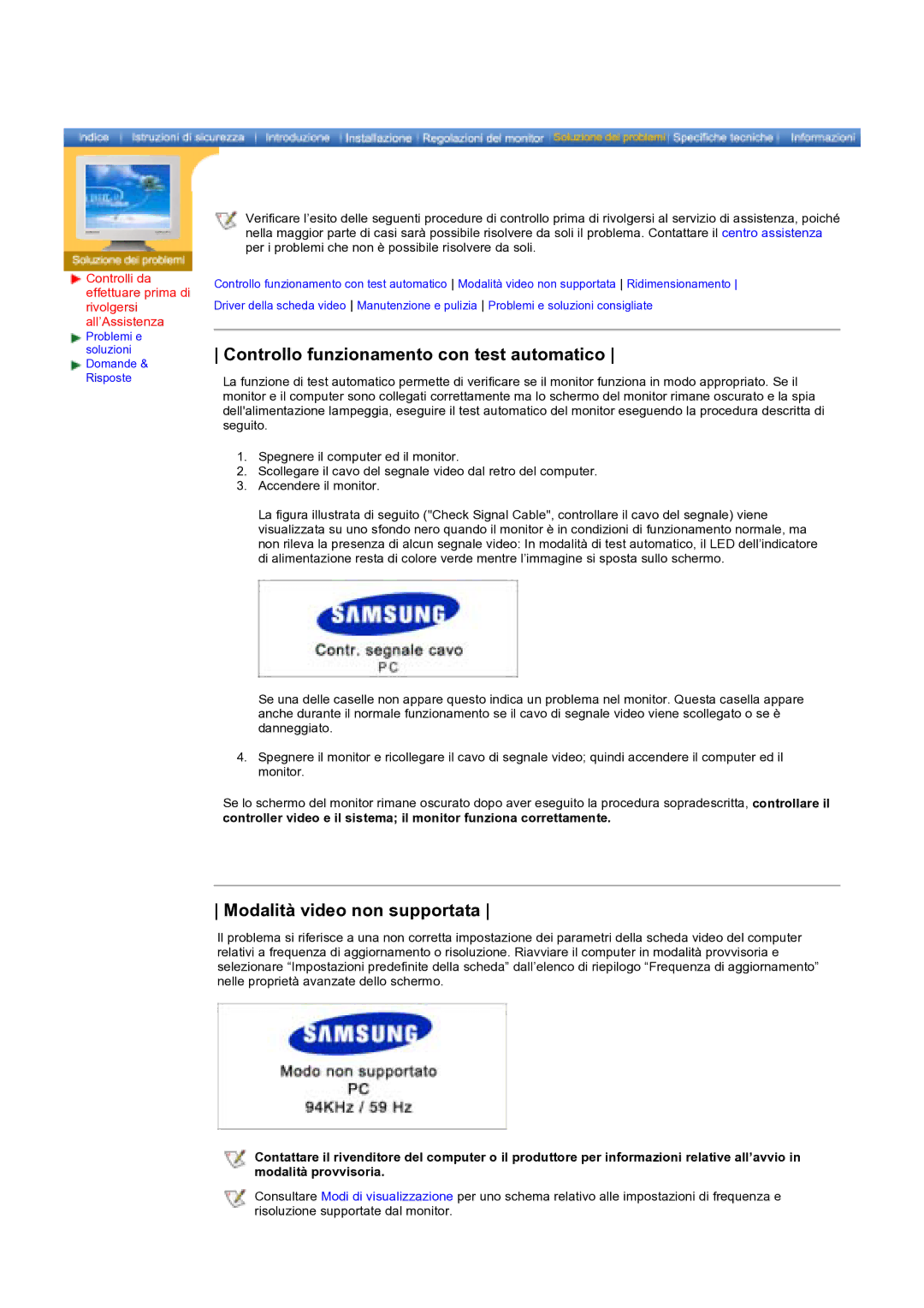 Samsung KD17ASSS/EDC manual Controllo funzionamento con test automatico, Modalità video non supportata 