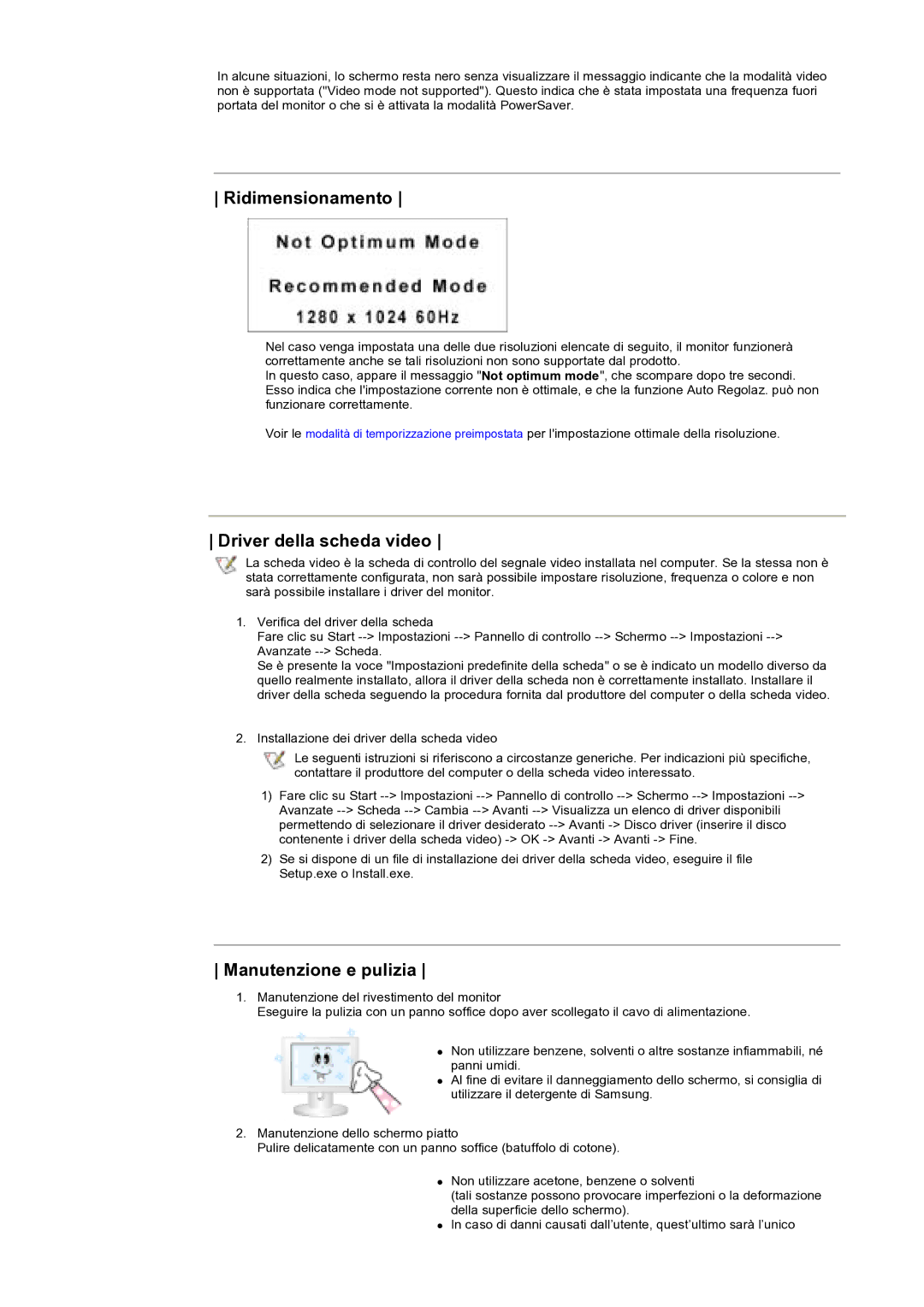 Samsung KD17ASSS/EDC manual Ridimensionamento, Driver della scheda video, Manutenzione e pulizia 