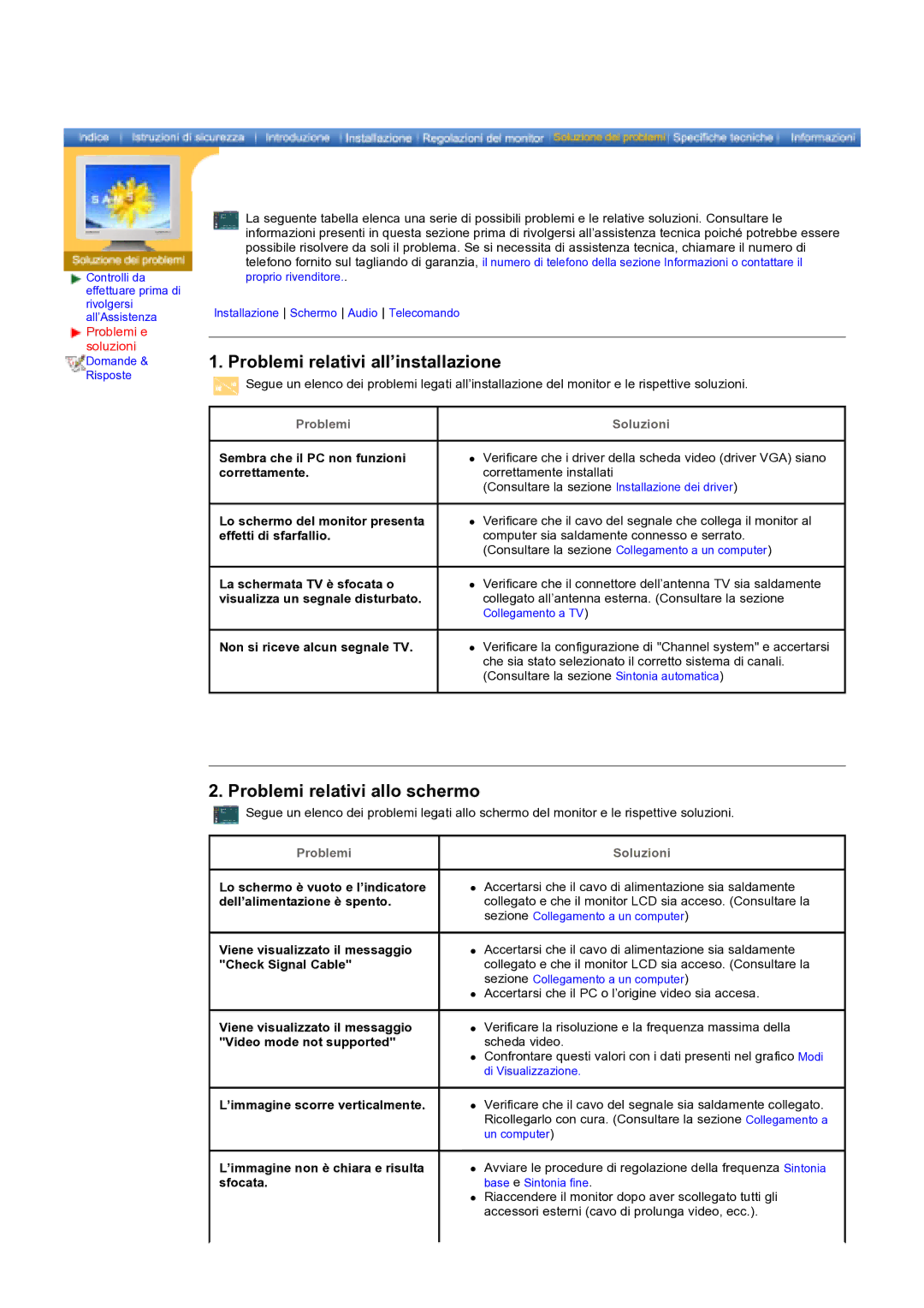Samsung KD17ASSS/EDC manual Problemi relativi all’installazione, Problemi relativi allo schermo, Problemi Soluzioni 