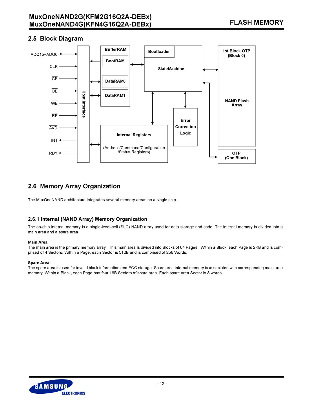 Samsung KFM2G16Q2A, KFN4G16Q2A Block Diagram, Memory Array Organization, Internal Nand Array Memory Organization, Otp 