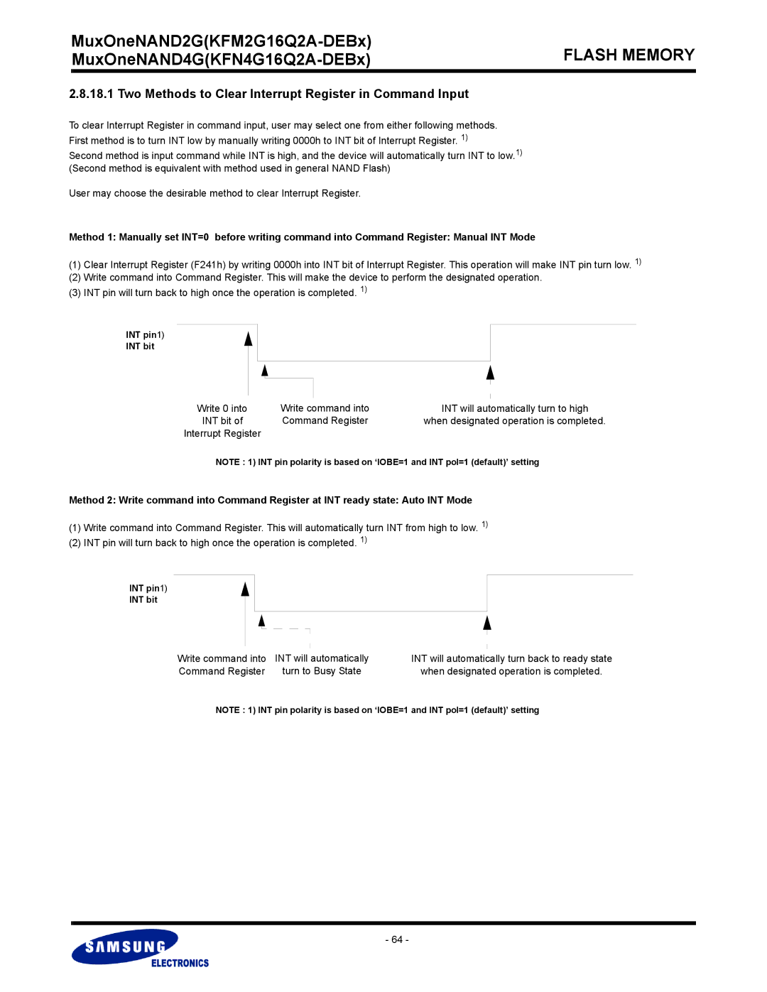 Samsung KFM2G16Q2A Two Methods to Clear Interrupt Register in Command Input, Write command into INT will automatically 