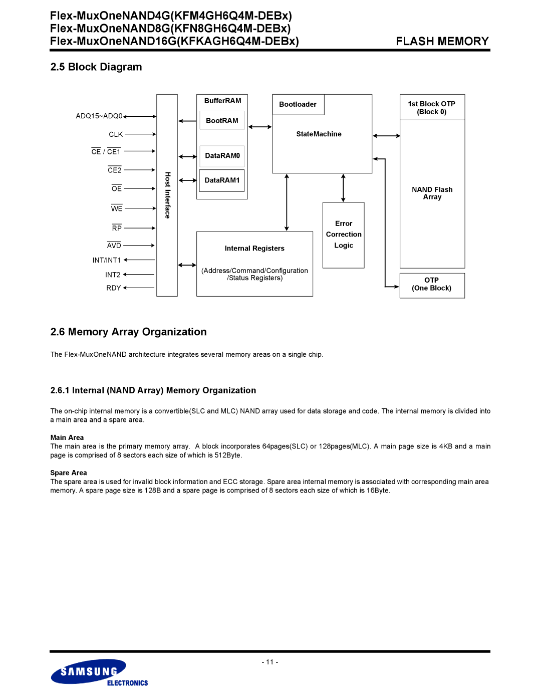 Samsung KFM4GH6Q4M, KFN8GH6Q4M Block Diagram, Memory Array Organization, Internal Nand Array Memory Organization, Otp 