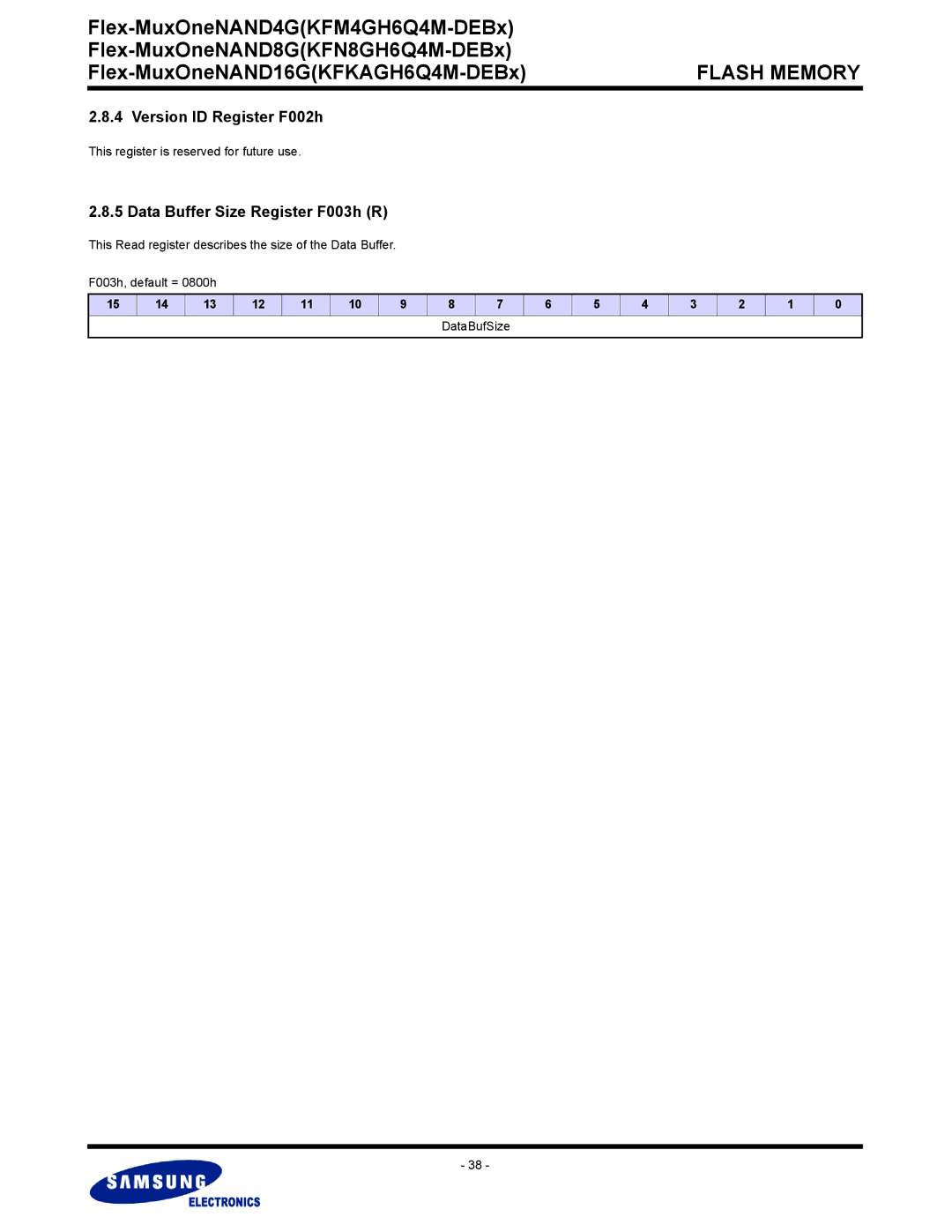 Samsung KFM4GH6Q4M Version ID Register F002h, Data Buffer Size Register F003h R, This register is reserved for future use 