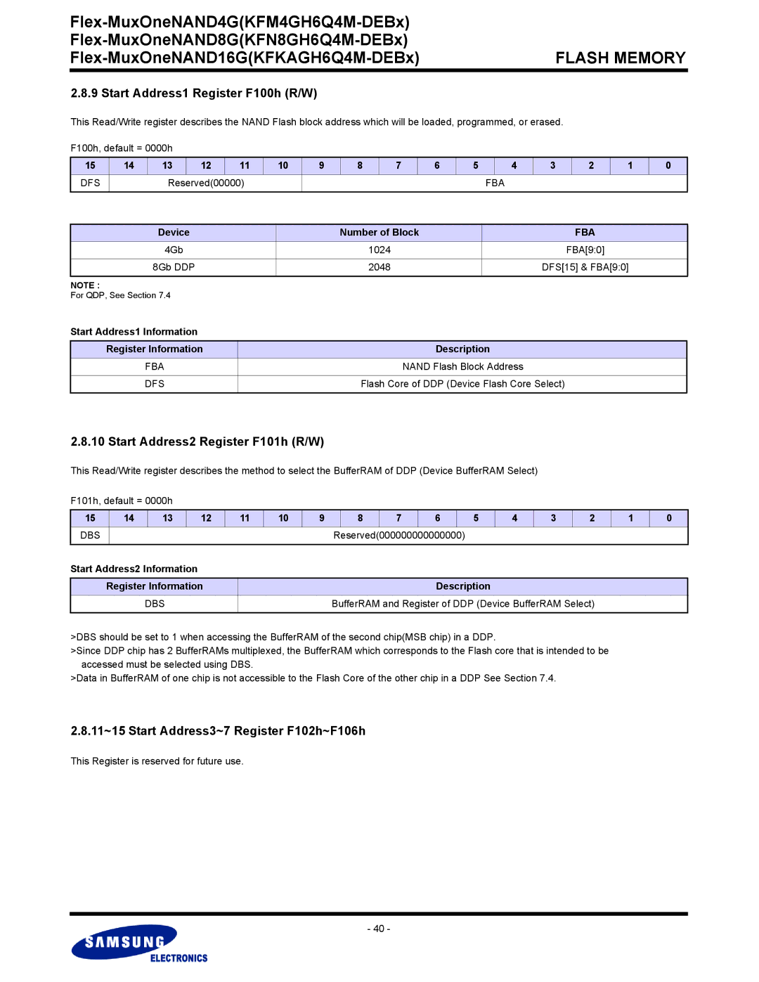 Samsung KFKAGH6Q4M, KFN8GH6Q4M, KFM4GH6Q4M warranty Start Address1 Register F100h R/W, Start Address2 Register F101h R/W 