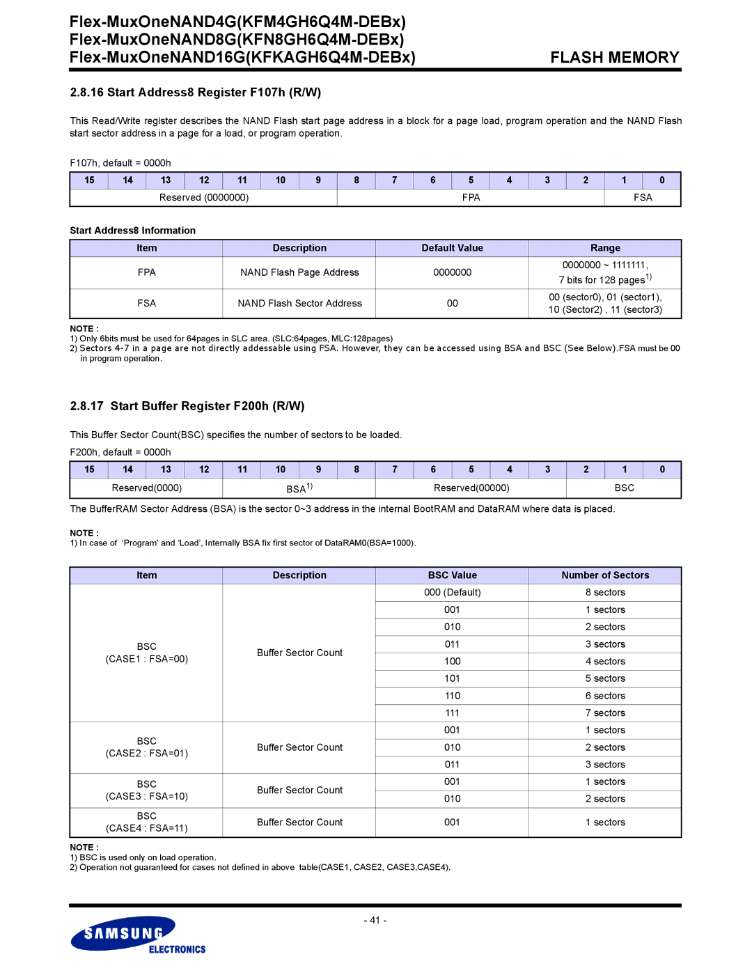 Samsung KFM4GH6Q4M, KFN8GH6Q4M, KFKAGH6Q4M warranty Start Address8 Register F107h R/W, Start Buffer Register F200h R/W 