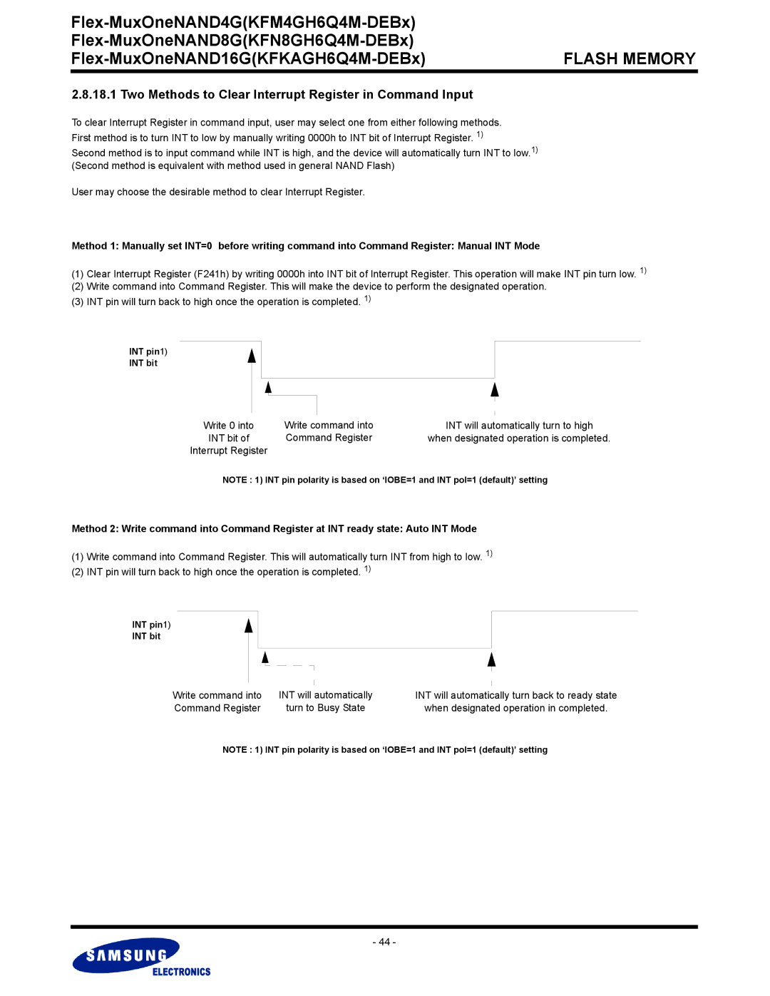 Samsung KFM4GH6Q4M Two Methods to Clear Interrupt Register in Command Input, Write command into INT will automatically 