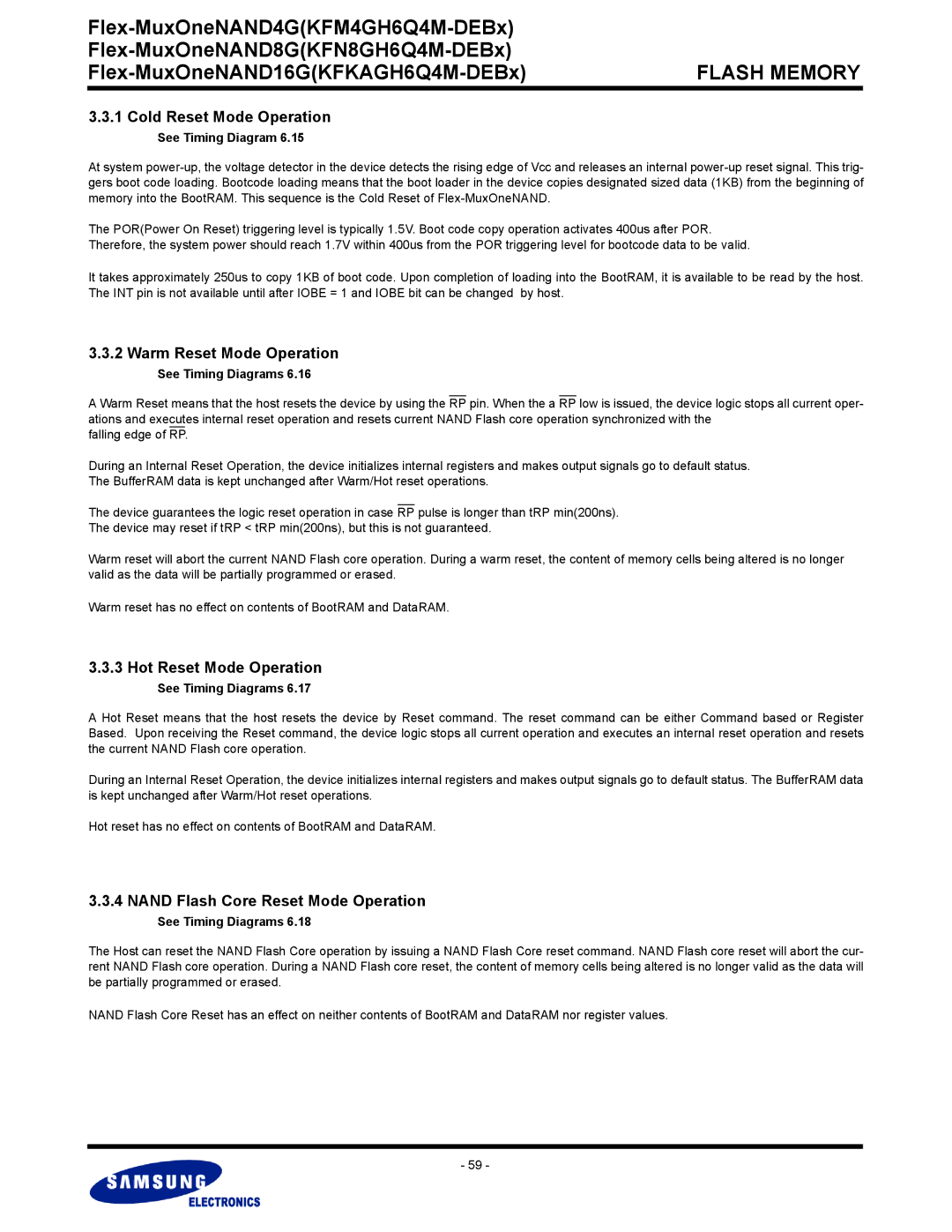 Samsung KFM4GH6Q4M, KFN8GH6Q4M, KFKAGH6Q4M Cold Reset Mode Operation, Warm Reset Mode Operation, Hot Reset Mode Operation 