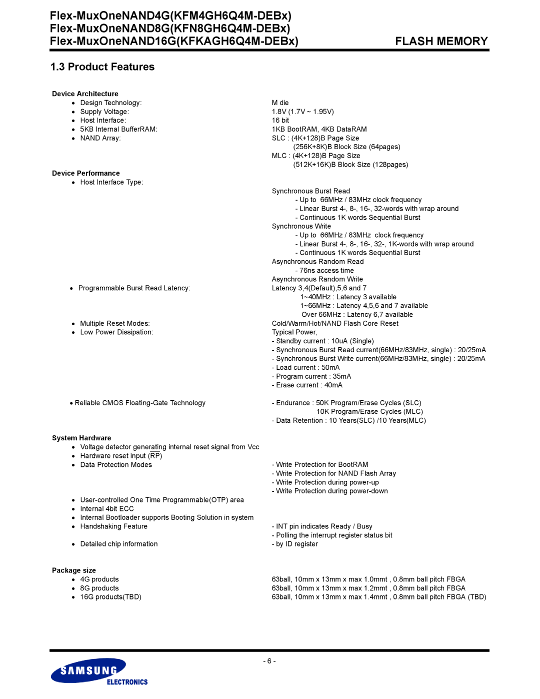 Samsung KFN8GH6Q4M, KFKAGH6Q4M Product Features, Device Architecture, Device Performance, System Hardware, Package size 