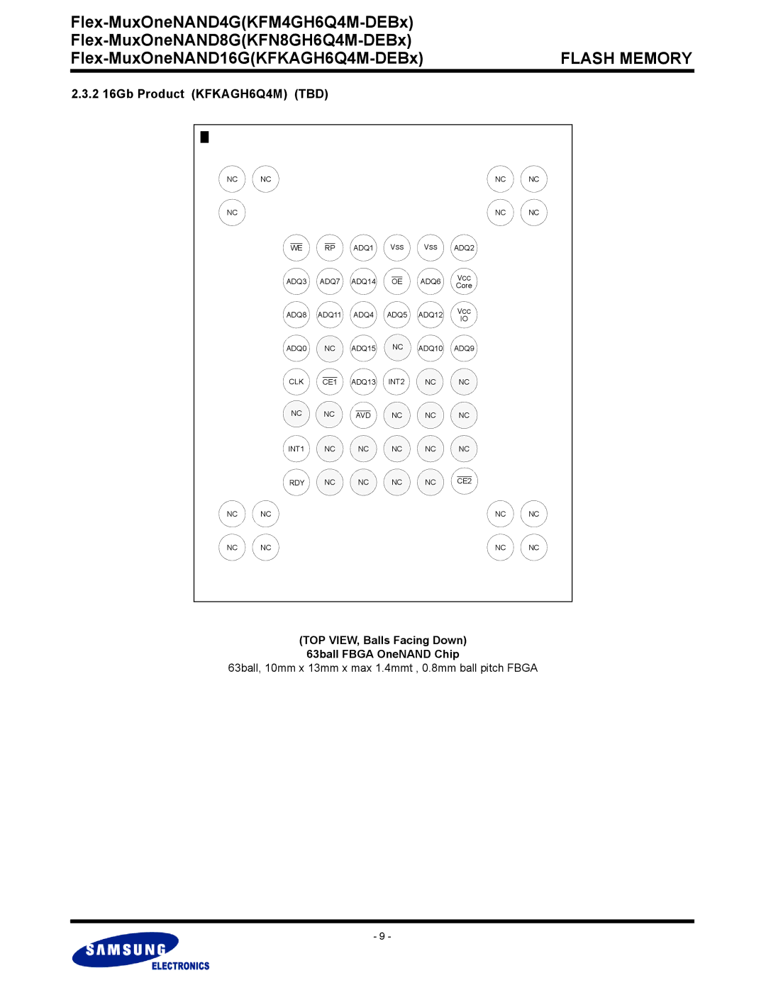 Samsung KFN8GH6Q4M, KFM4GH6Q4M warranty 2 16Gb Product KFKAGH6Q4M TBD, TOP VIEW, Balls Facing Down 63ball Fbga OneNAND Chip 