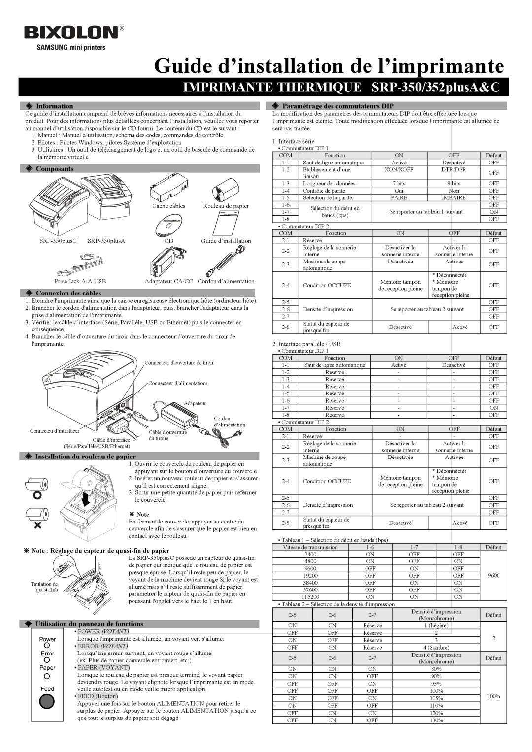 Samsung KN04-00010A user manual Guide d’installation de l’imprimante, Imprimante Thermique SRP-350/352plusA&C 