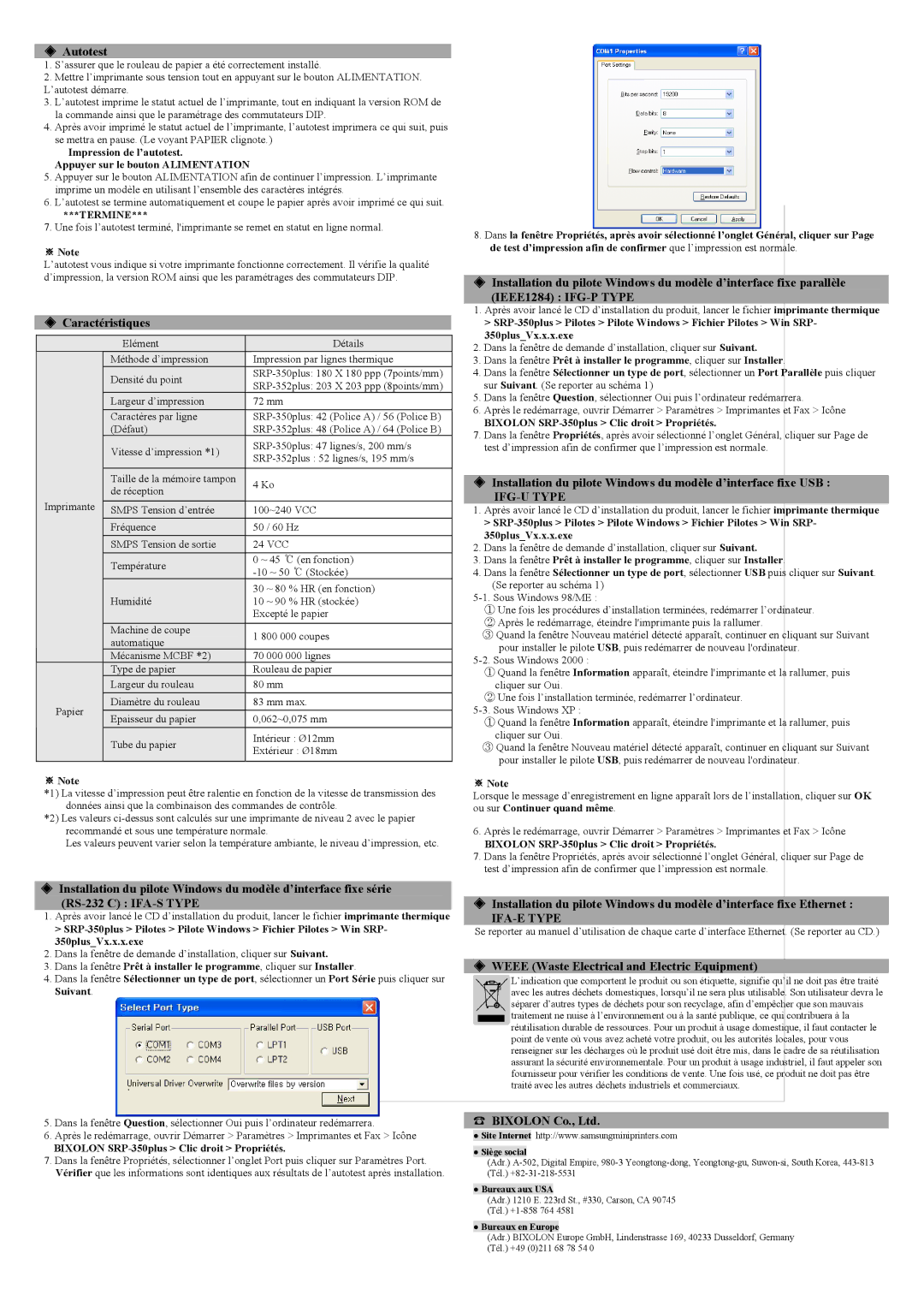 Samsung KN04-00010A user manual Autotest, Caractéristiques, IEEE1284 IFG-P Type, IFG-U Type, Termine 