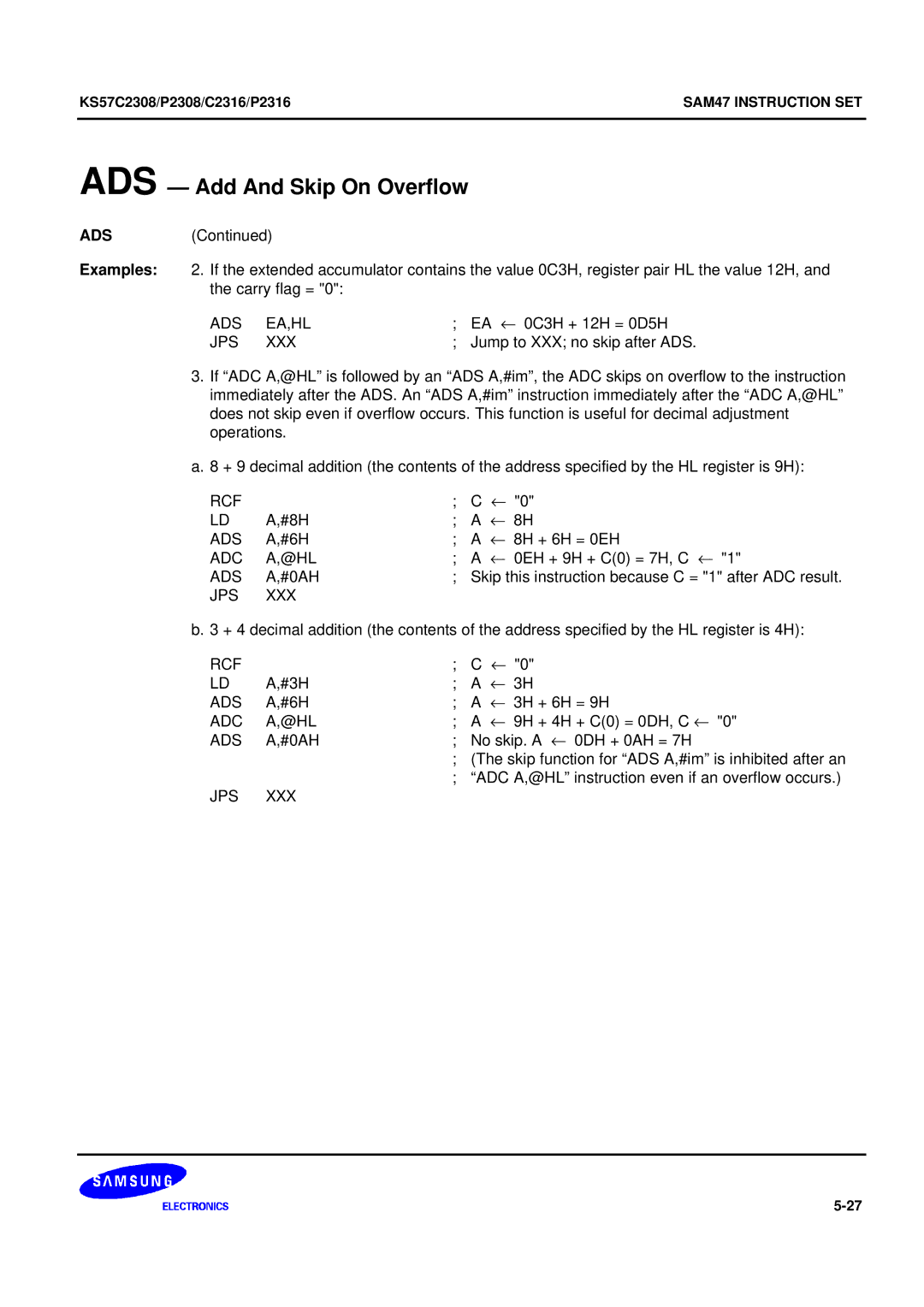 Samsung KS57C2308 manual EA ← 0C3H + 12H = 0D5H 