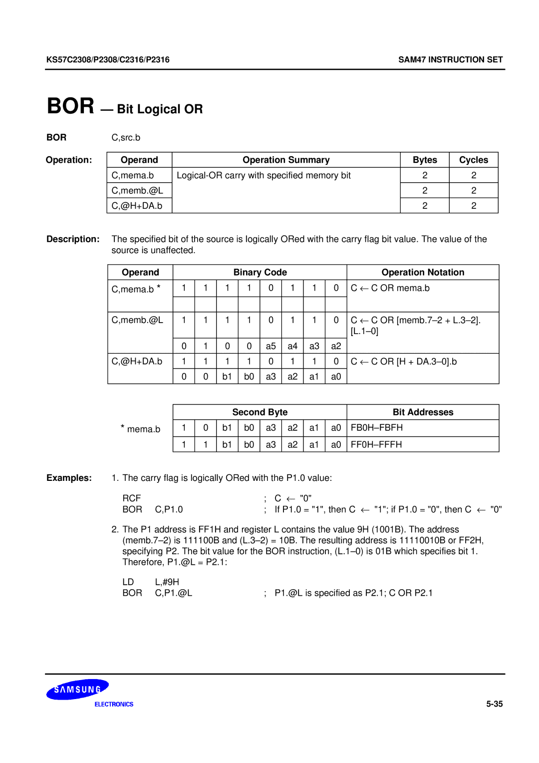 Samsung KS57C2308 manual BOR Bit Logical or, Bor 