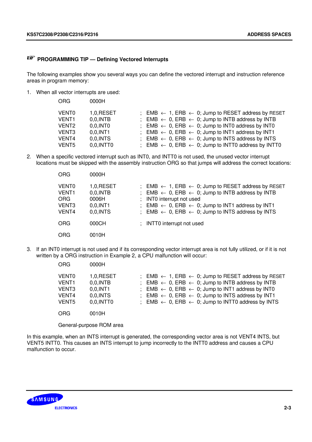 Samsung KS57C2308 manual + Programming TIP Defining Vectored Interrupts 