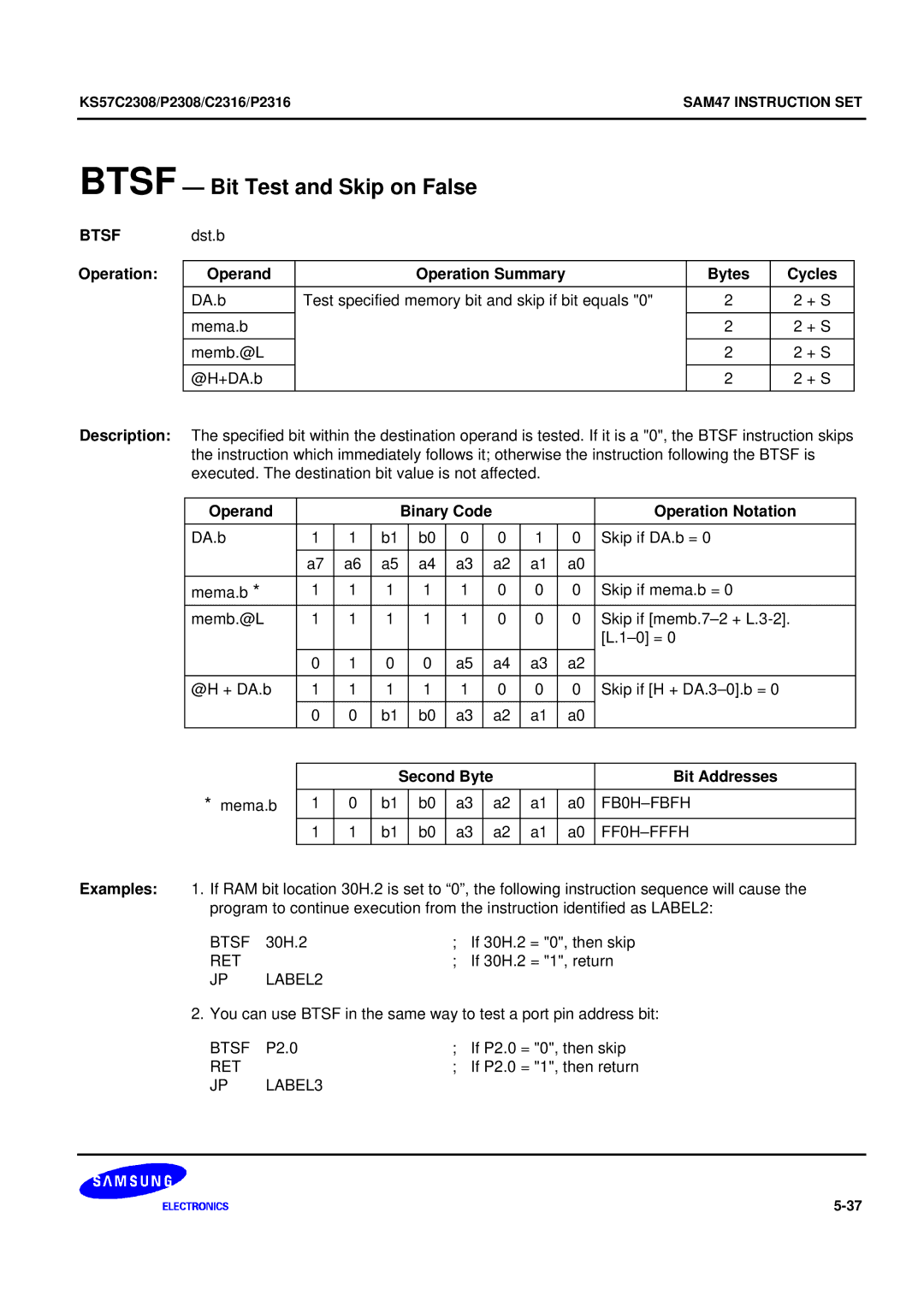 Samsung KS57C2308 manual Btsf Bit Test and Skip on False, LABEL2, LABEL3 