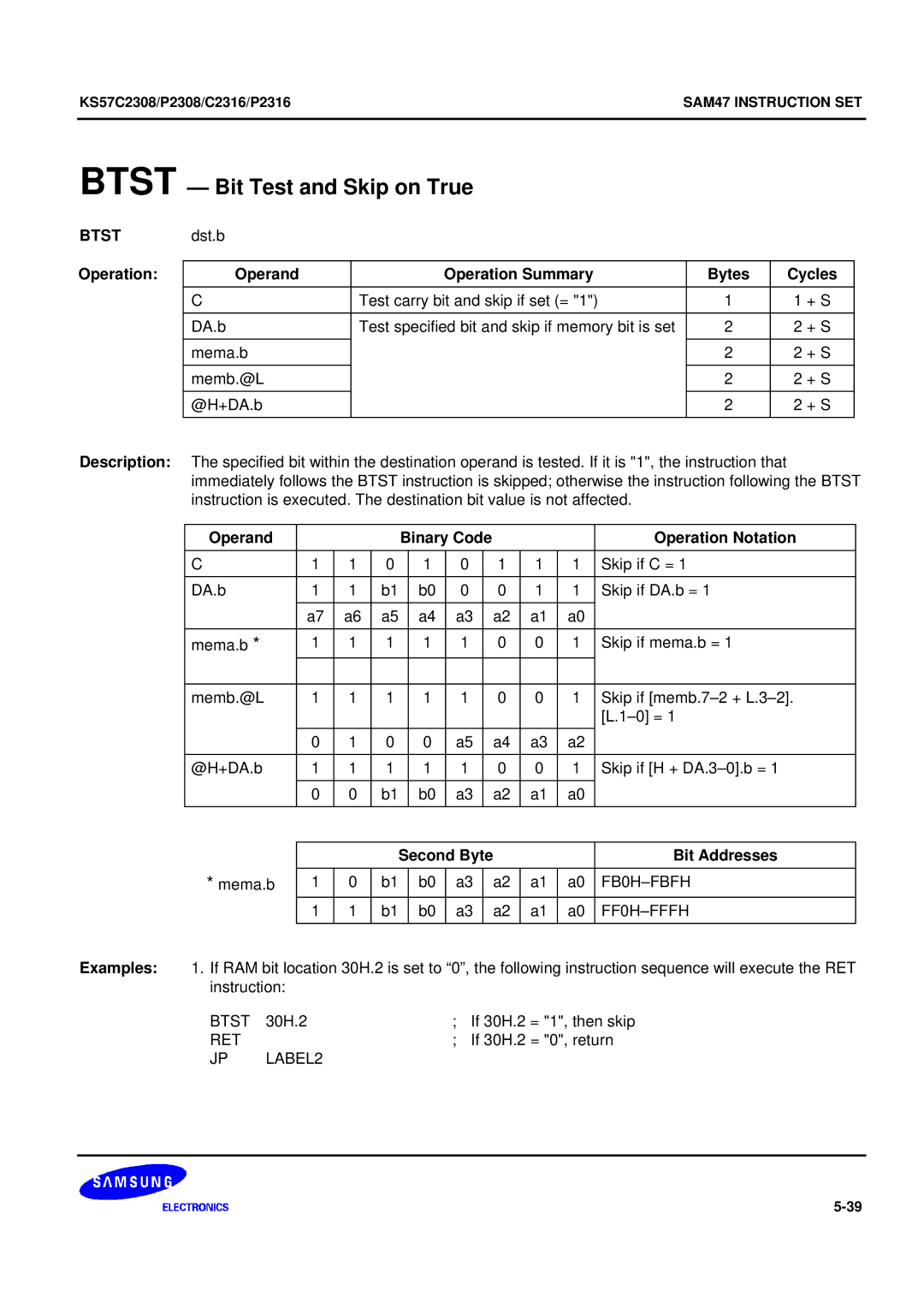 Samsung KS57C2308 manual Btst Bit Test and Skip on True 