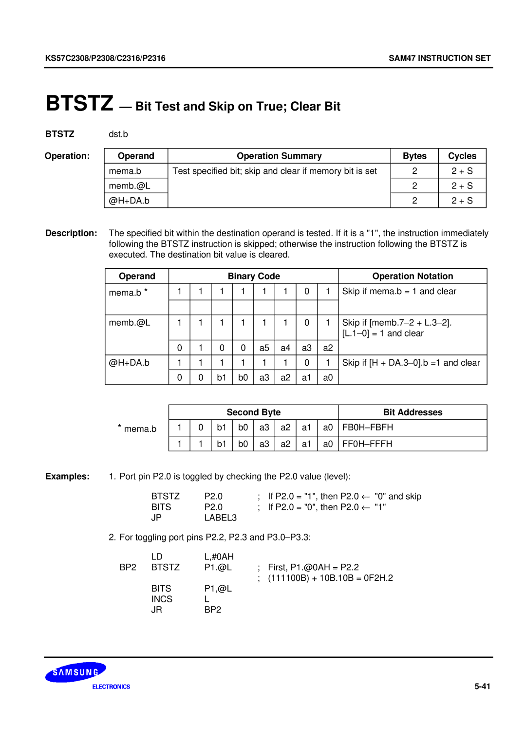 Samsung KS57C2308 manual Btstz Bit Test and Skip on True Clear Bit, BP2 Btstz 