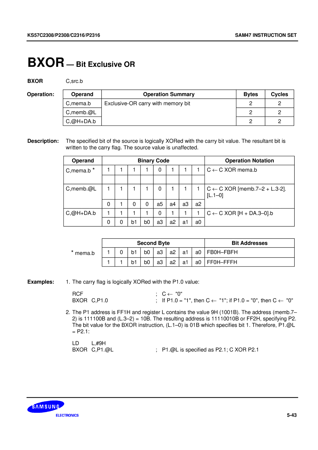 Samsung KS57C2308 manual Bxor Bit Exclusive or, RCF Bxor C,P1.0 