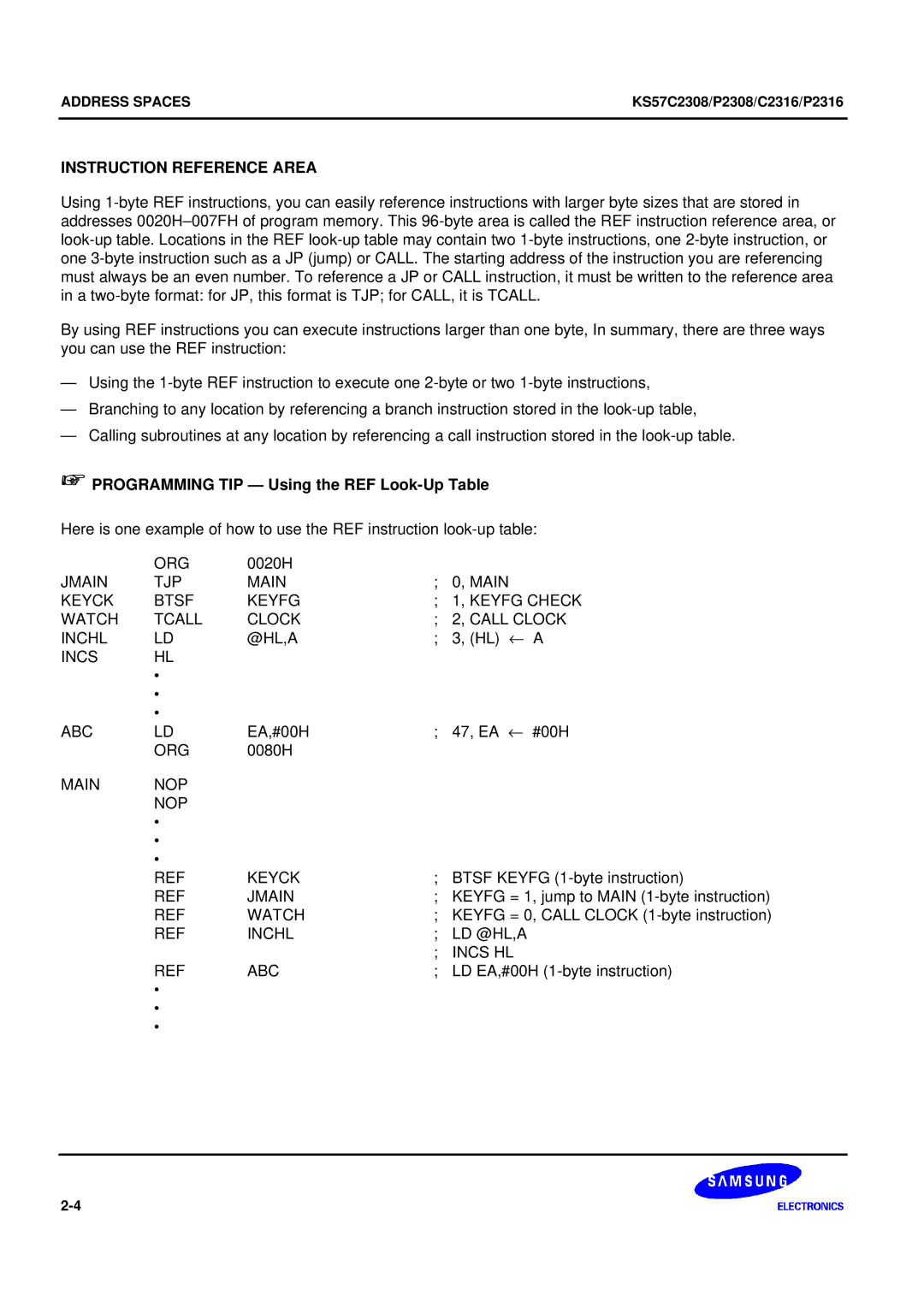 Samsung KS57C2308 manual Instruction Reference Area, + Programming TIP Using the REF Look-Up Table 