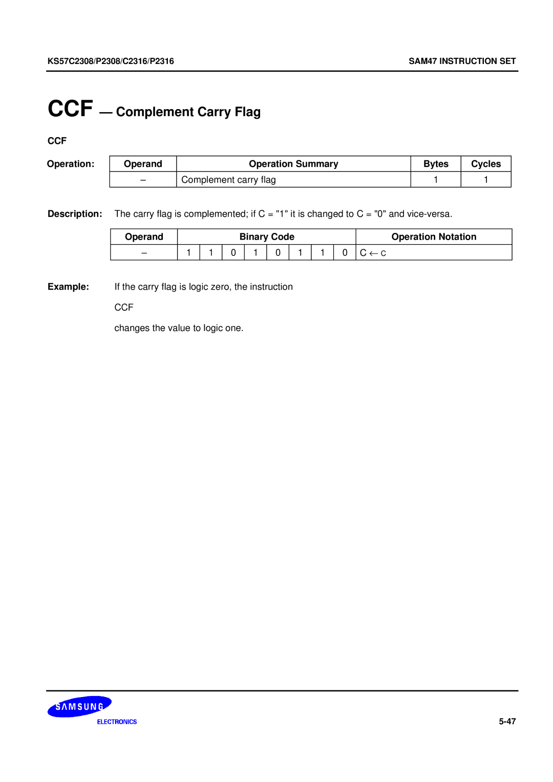 Samsung KS57C2308 manual CCF Complement Carry Flag, Ccf 