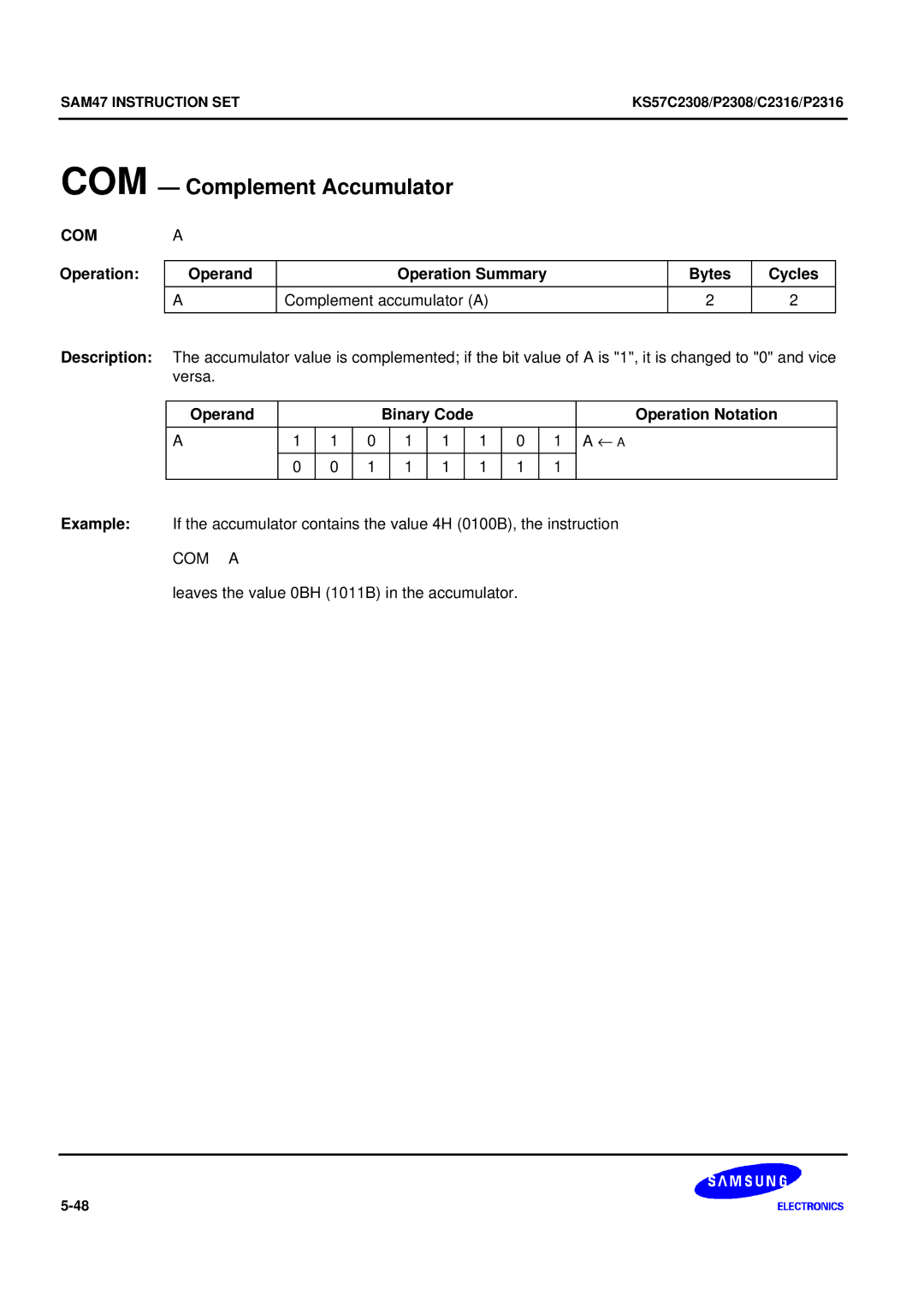 Samsung KS57C2308 manual COM Complement Accumulator, COM a 