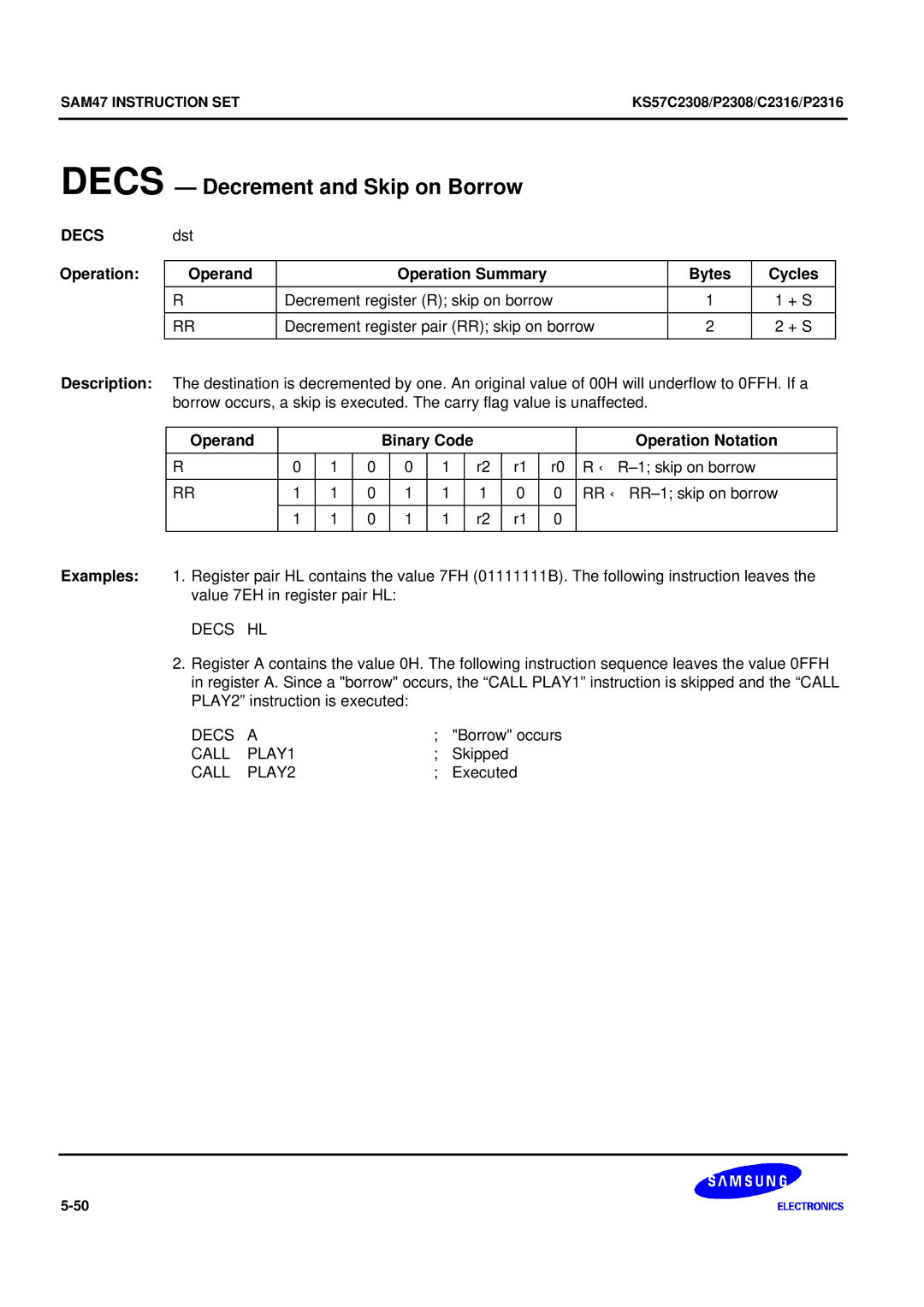 Samsung KS57C2308 manual Decs Decrement and Skip on Borrow, Decs HL, Call PLAY1, Call PLAY2 