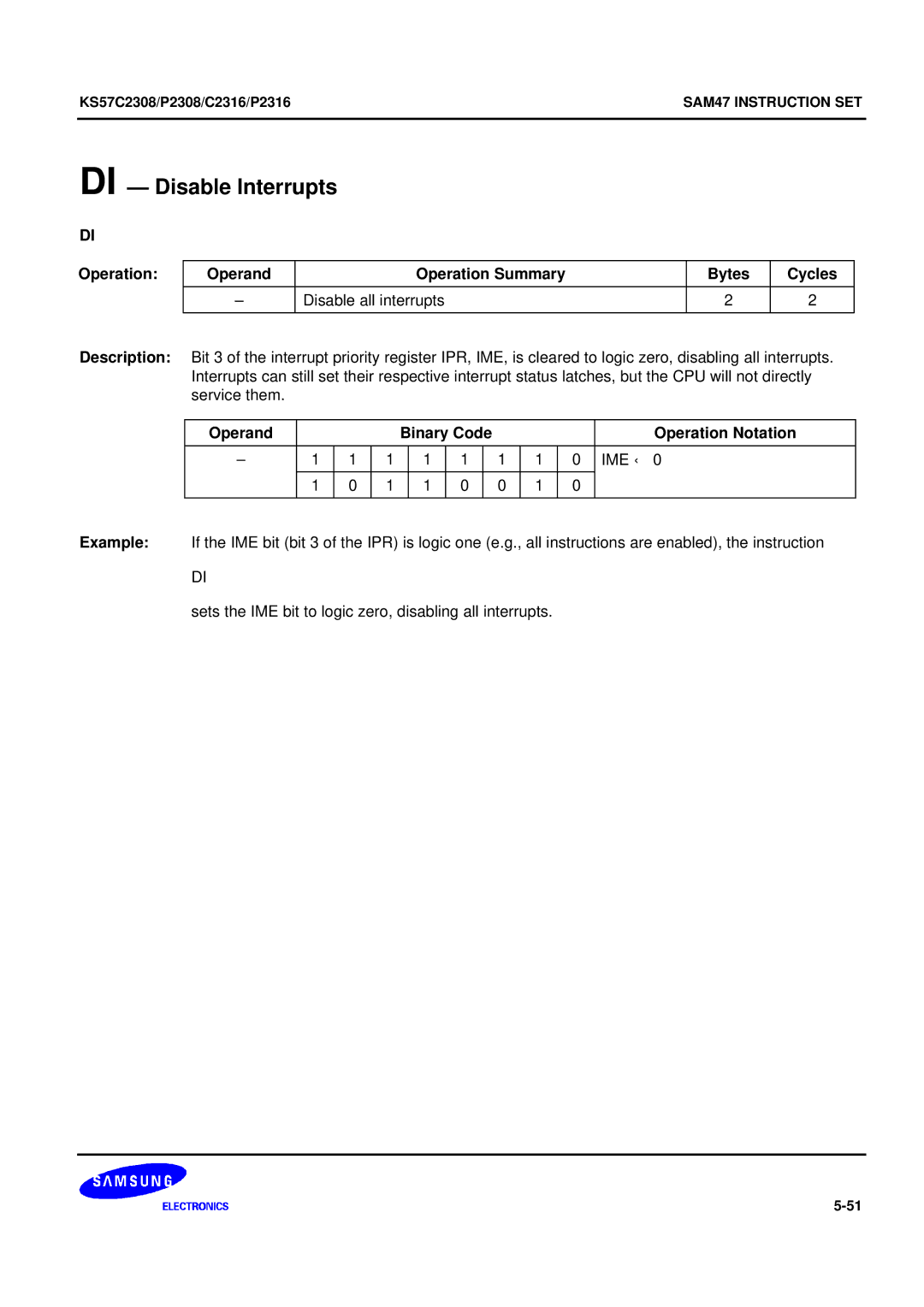 Samsung KS57C2308 manual DI Disable Interrupts 