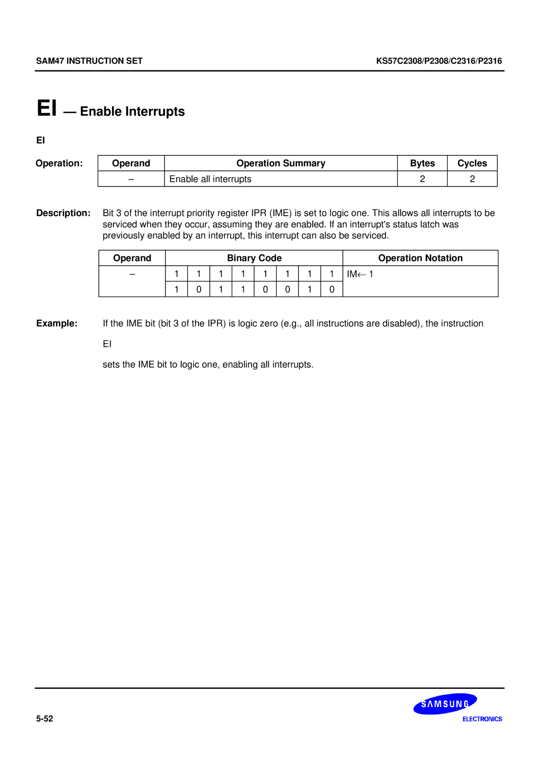 Samsung KS57C2308 manual EI Enable Interrupts 