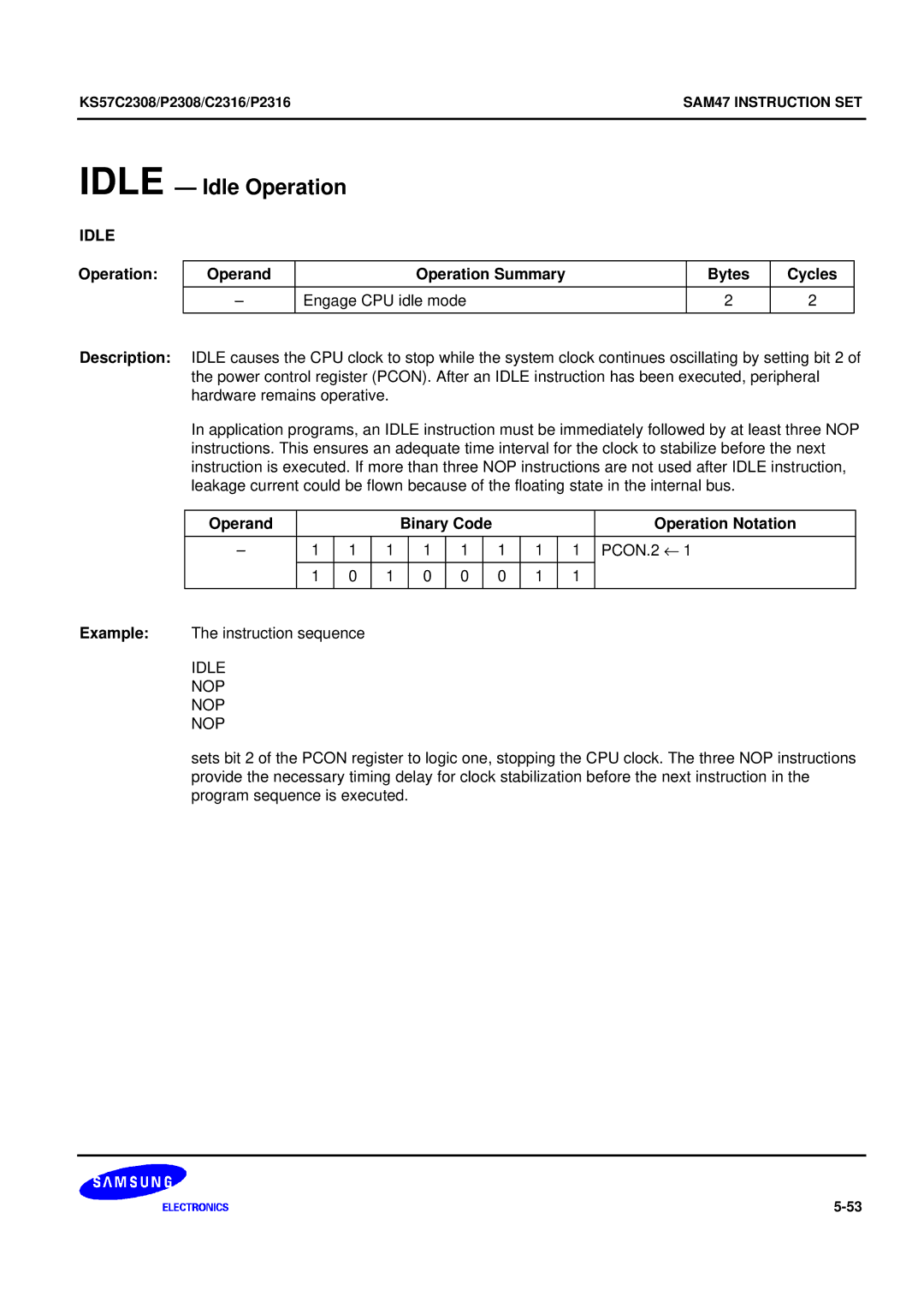 Samsung KS57C2308 manual Idle Idle Operation, Idle NOP 