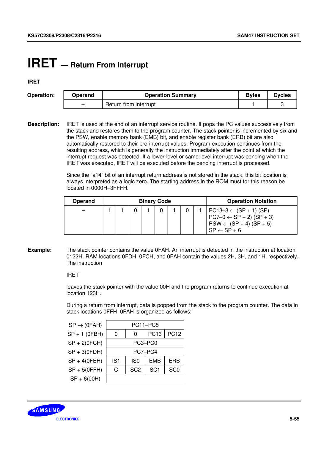 Samsung KS57C2308 manual Iret Return From Interrupt, IS1 IS0 EMB ERB, SC2 SC1 SC0 