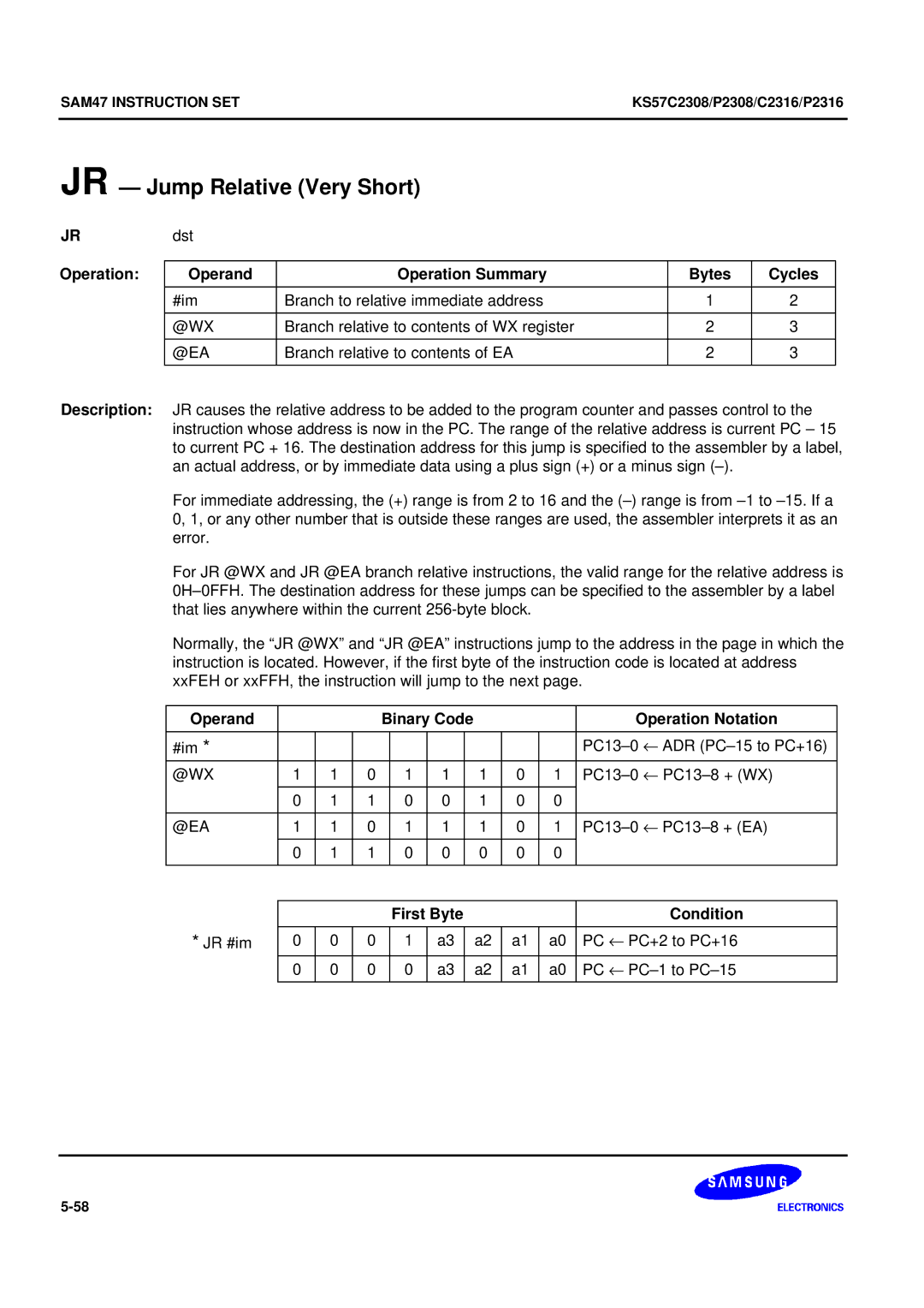 Samsung KS57C2308 manual JR Jump Relative Very Short, Operation Operand Operation Summary Bytes Cycles 