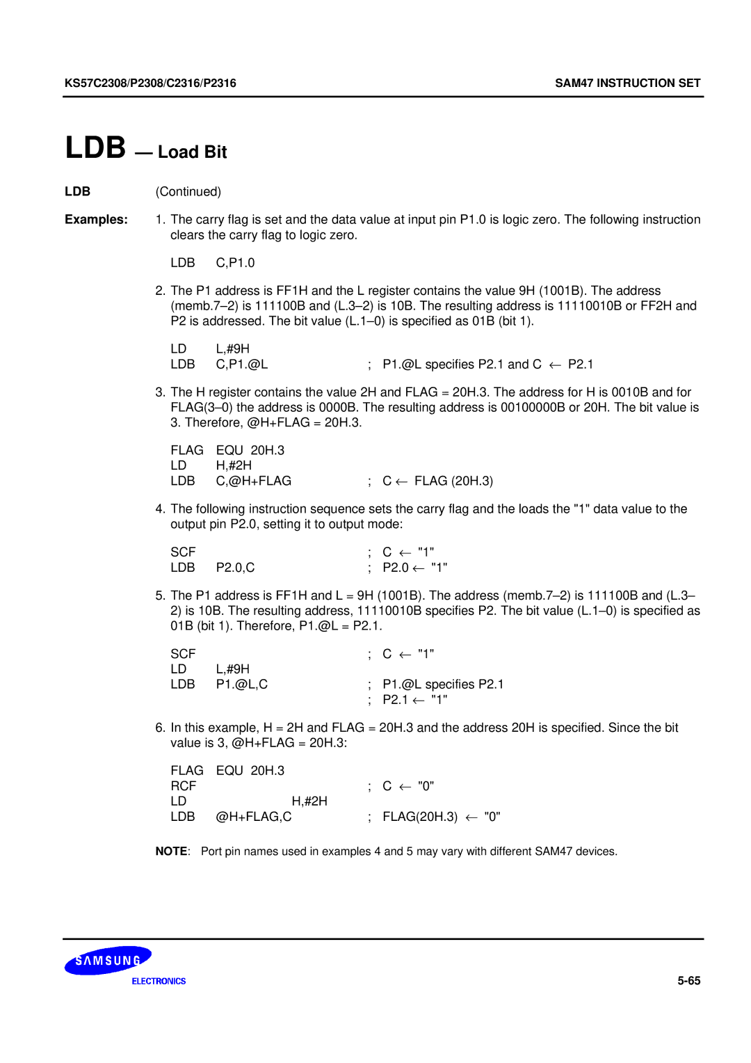 Samsung KS57C2308 manual Flag EQU 20H.3 RCF, Ldb @H+Flag,C 