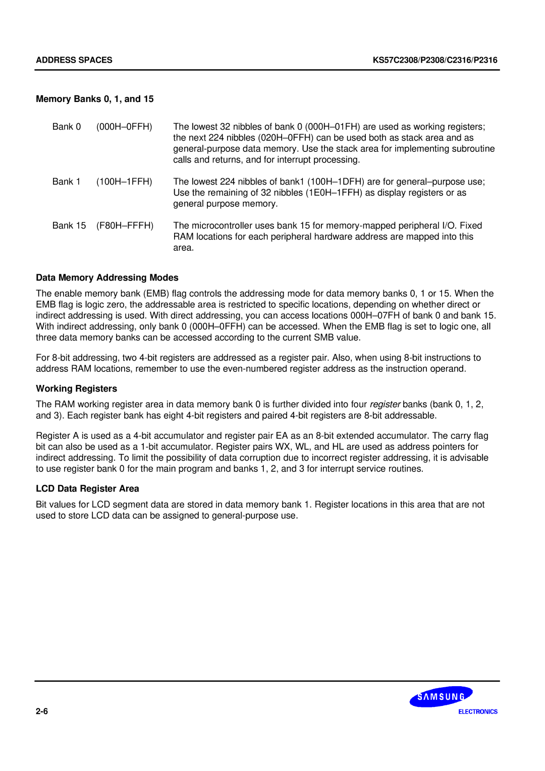Samsung KS57C2308 Memory Banks 0, 1, F80H-FFFH, Data Memory Addressing Modes, Working Registers, LCD Data Register Area 