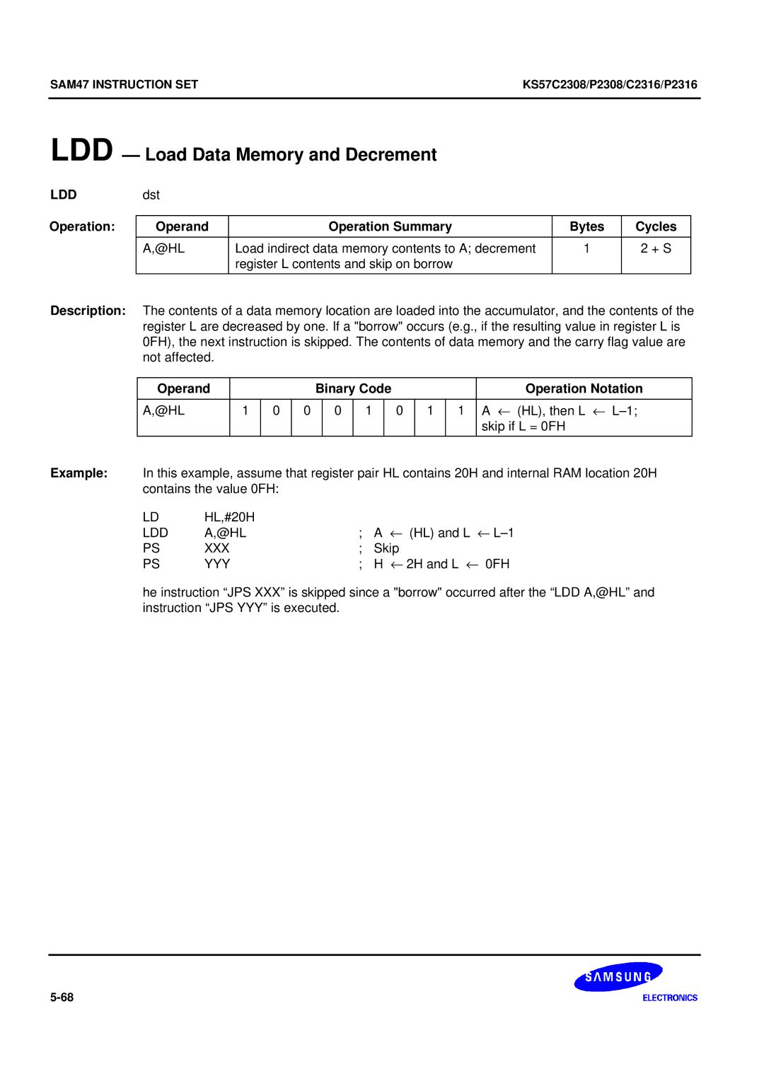 Samsung KS57C2308 manual LDD Load Data Memory and Decrement, LDD Operation 