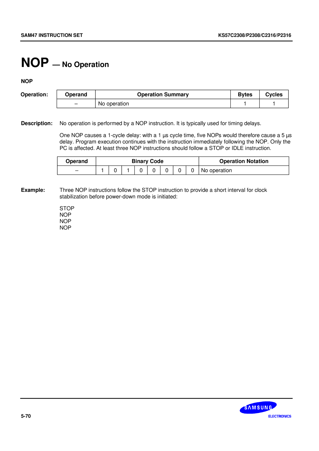 Samsung KS57C2308 manual NOP No Operation, Nop, Stop NOP 