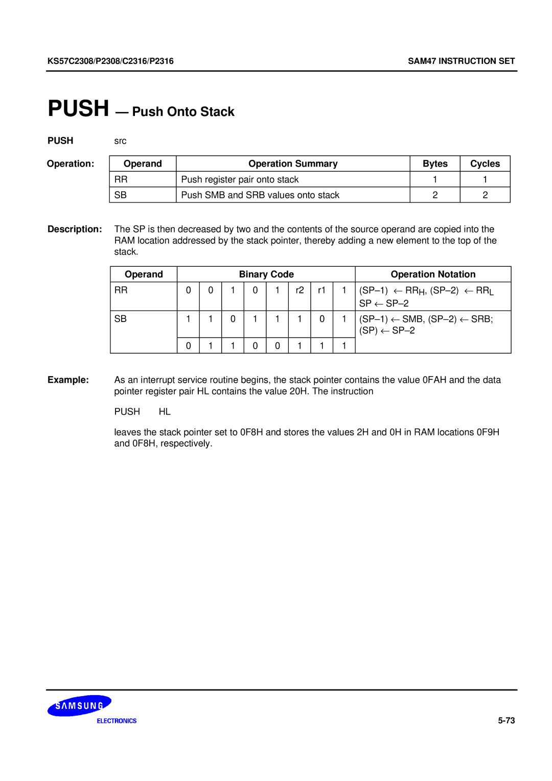 Samsung KS57C2308 manual Push Push Onto Stack, Push HL 