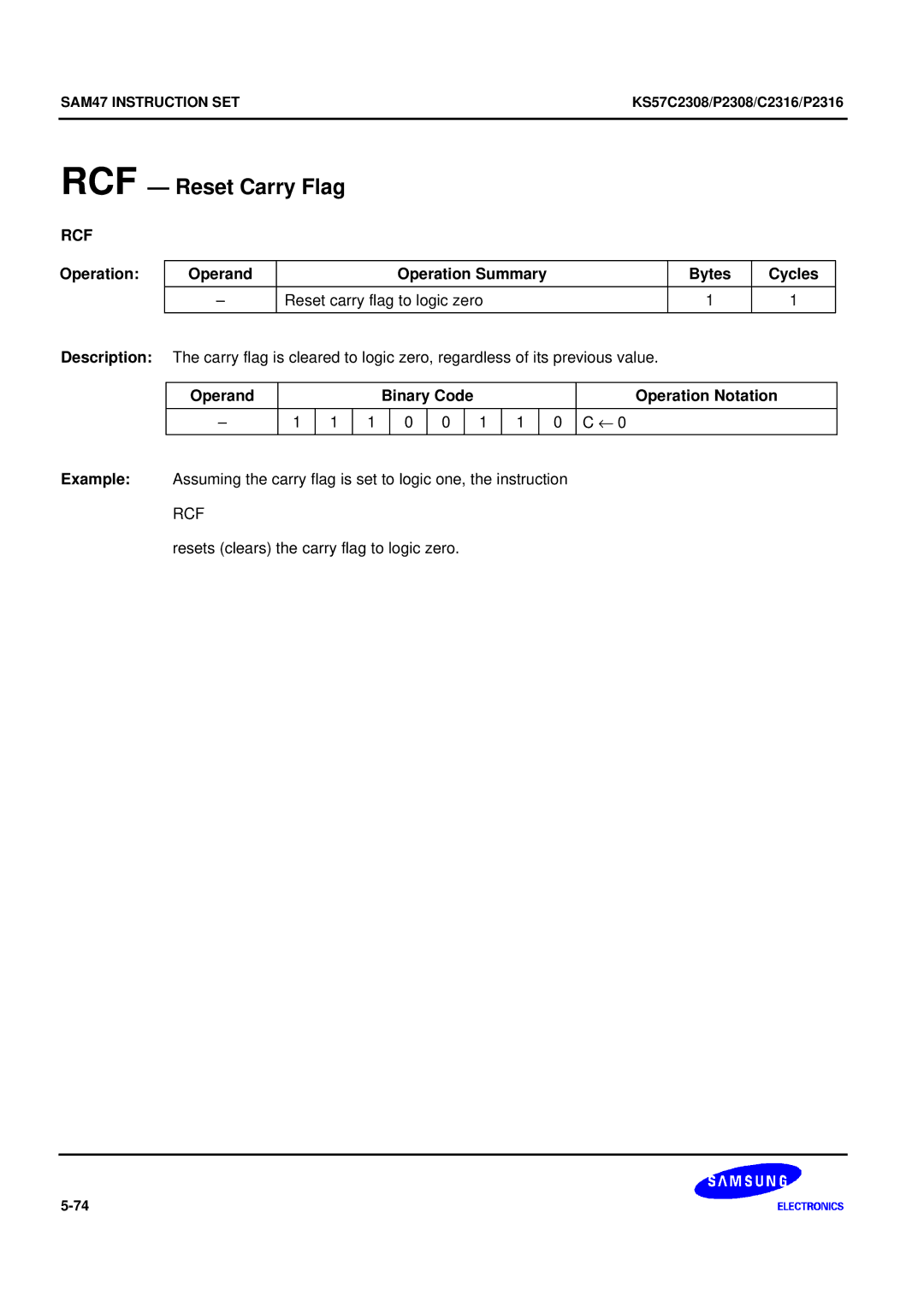 Samsung KS57C2308 manual RCF Reset Carry Flag, Rcf 