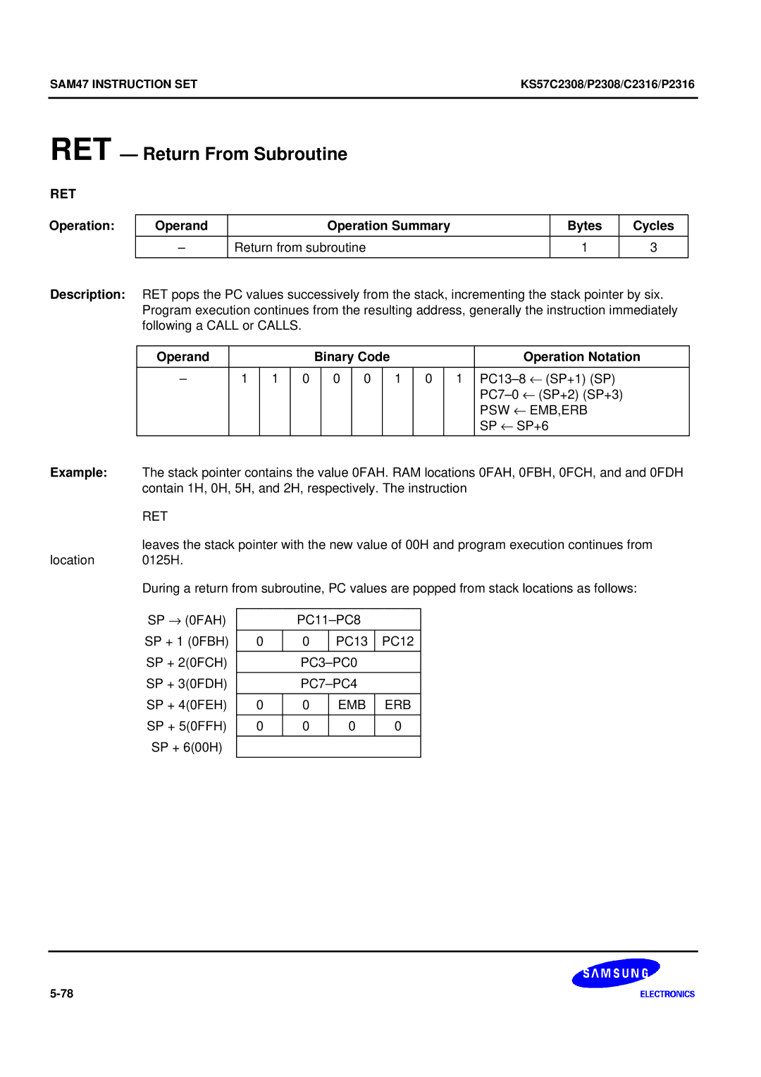 Samsung KS57C2308 manual RET Return From Subroutine, Psw ← Emb,Erb 