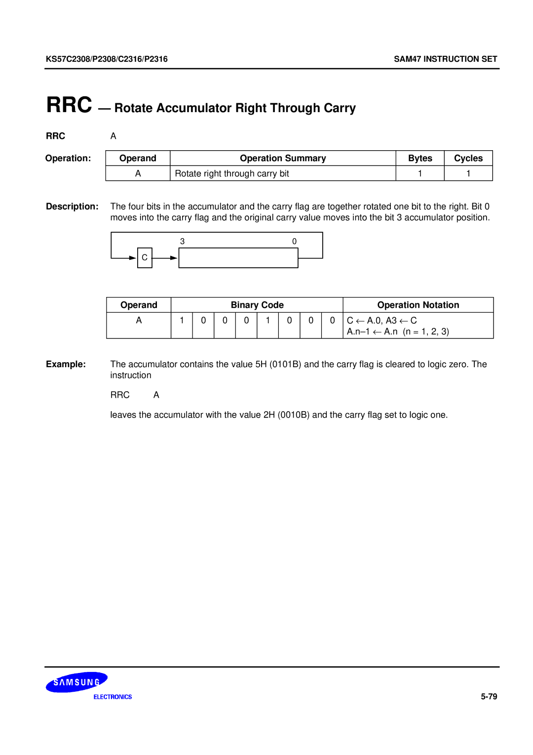 Samsung KS57C2308 manual RRC Rotate Accumulator Right Through Carry, Rrc, RRC a 