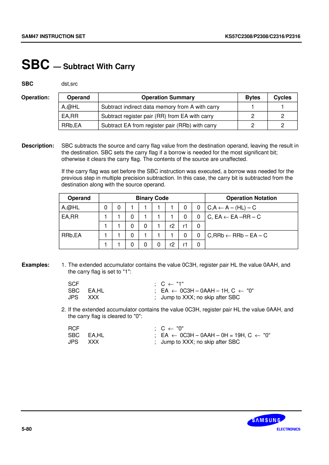 Samsung KS57C2308 manual SBC Subtract With Carry, Scf Sbc Ea,Hl, Rcf Sbc Ea,Hl 